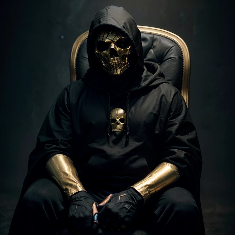 Golden skull face, wearing a dark cape with a hoodie, high quality, galaxy in the background,sitting on a chair,hands under his chin