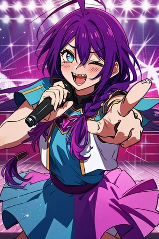 long hair, mole under mouth, purple hair, single braid, hair between eyes, aqua eyes, sharp teeth, ahoge, blush, smile, cowboy shot, ai's pose, 1girl, solo, open mouth, one eye closed, star (symbol), pointing, microphone, idol