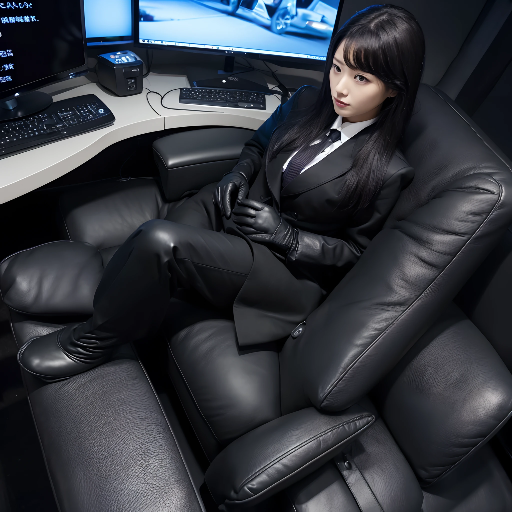 Wearing a black business pantsuit, Office in the Dark, facing a desk、While looking at the screen, tap the keys on the black laptop keyboard with the fingertips of the black leather gloves,Sitting on a large chair with a black leather backrest、 Black hair was tied back for a long time, Japan Female New Employees (Black leather gloves cover both hands) (The angle is frontal)、Black leather long boots