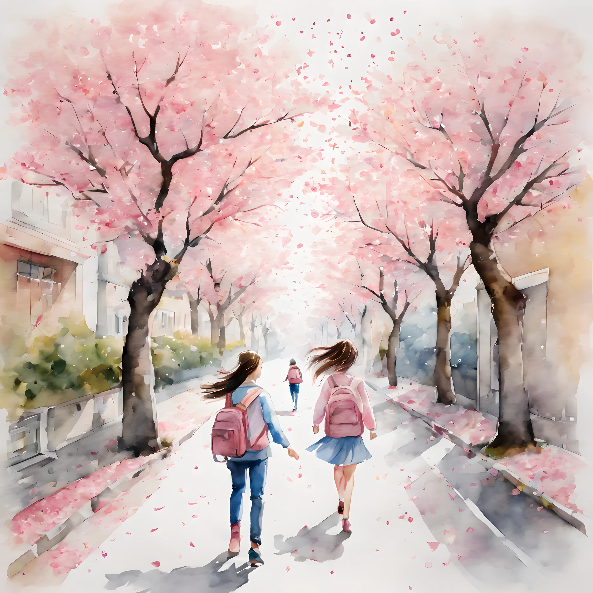 (Cherry blossom And Street:1.5), (ink and watercolor painting:1.5), (Tasteful:1.5), (ink and watercolor painting:1.5), (full color:1.5), 8k, 4k, (landscapes:1.5),(cherry blossom trees:1.5),(school street:1.5),(wind:1.5),(flying cherry blossom petals:1.5),(street:1.5),(high school girls:1.5),