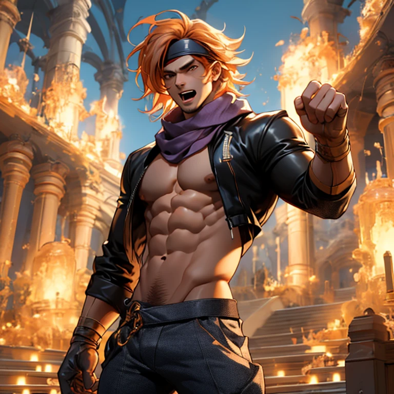 1boy, headband, jacket, orange hair, ripped clothes, extremely muscular masculine character, vpl,8 pack abs, scarf, gloves, pants, flexing, angry, open mouth, screaming, (punching:1.1), metropolis, day, spotlight, hard light, from below, foreshortening, solo, focus, extremely muscular masculine character, flame hair, huge bulge, 8 pack abs, erotic, vpl, bodybuilder, giant,