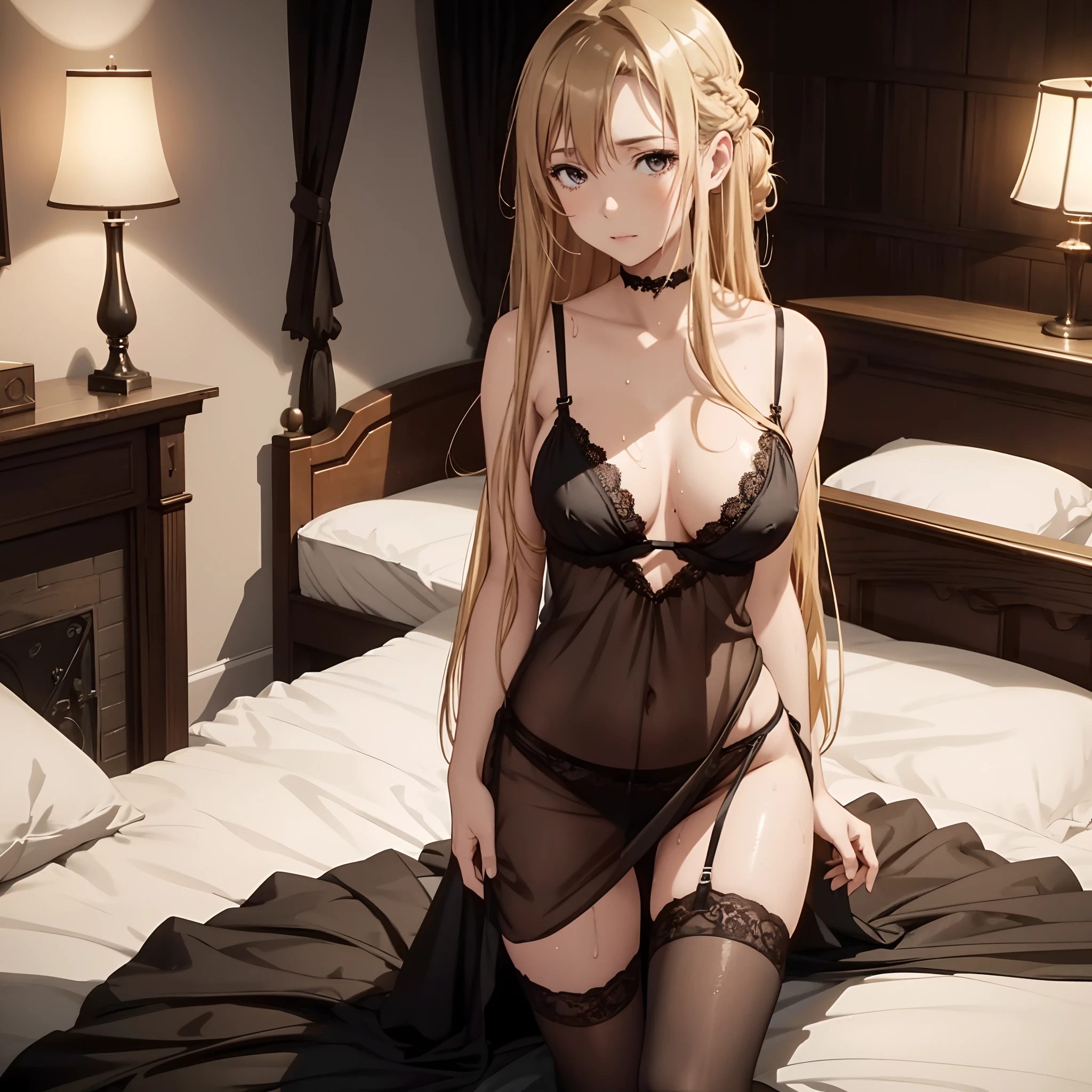 1girl, long hair, blonde hair, brown eyes, large breast, black nightgown, black bra, black lace panties, black stocking, she wet, drenched, nipple standing out, nipple perked out from under bra, inside, lying on top of bed, looking at viewers,