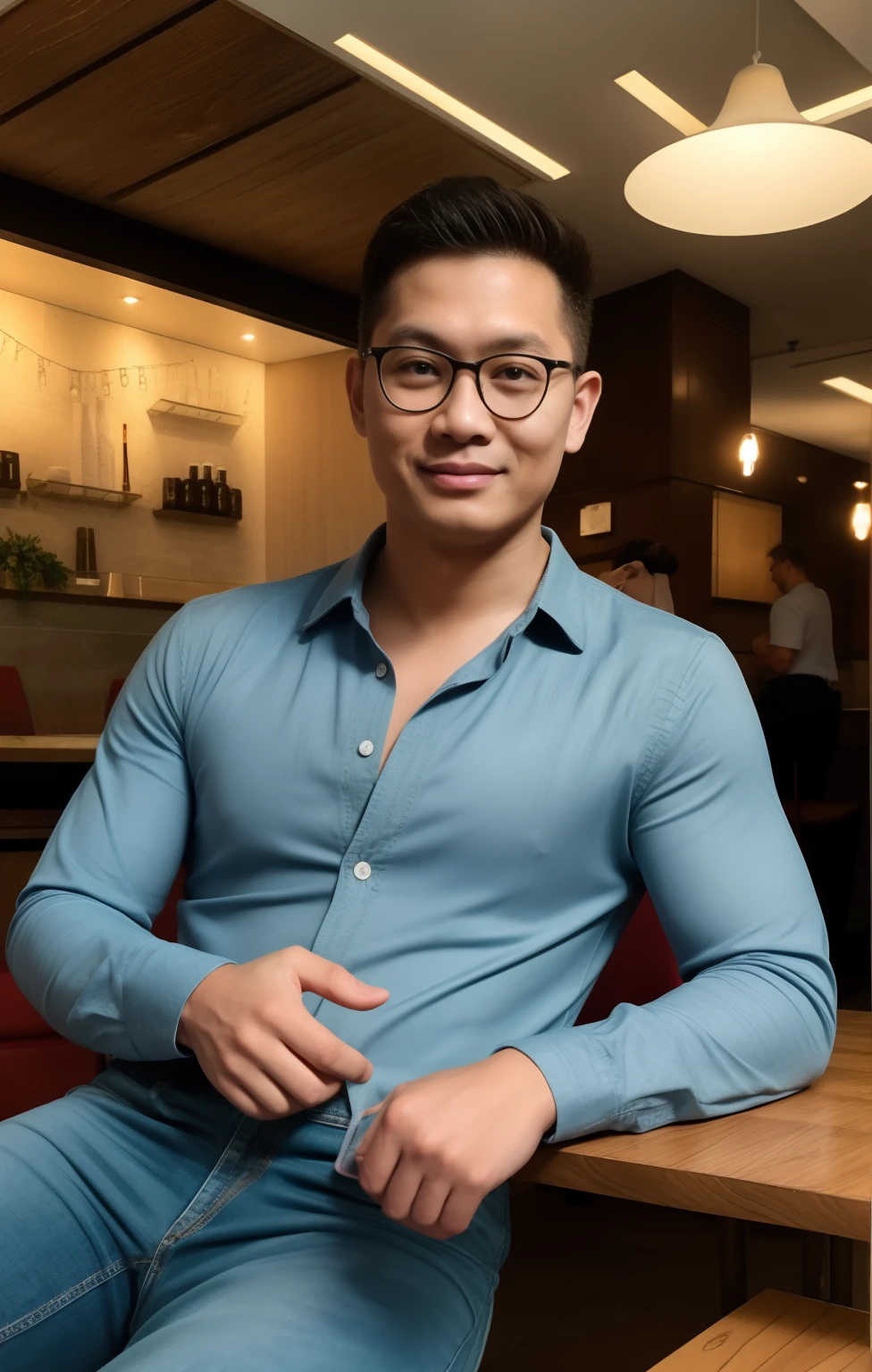 1man, eyeglasses, soto ayam, soto ayam in the table, restaurant vibes background, blue jeans, formal blue shirt, white sneakers,