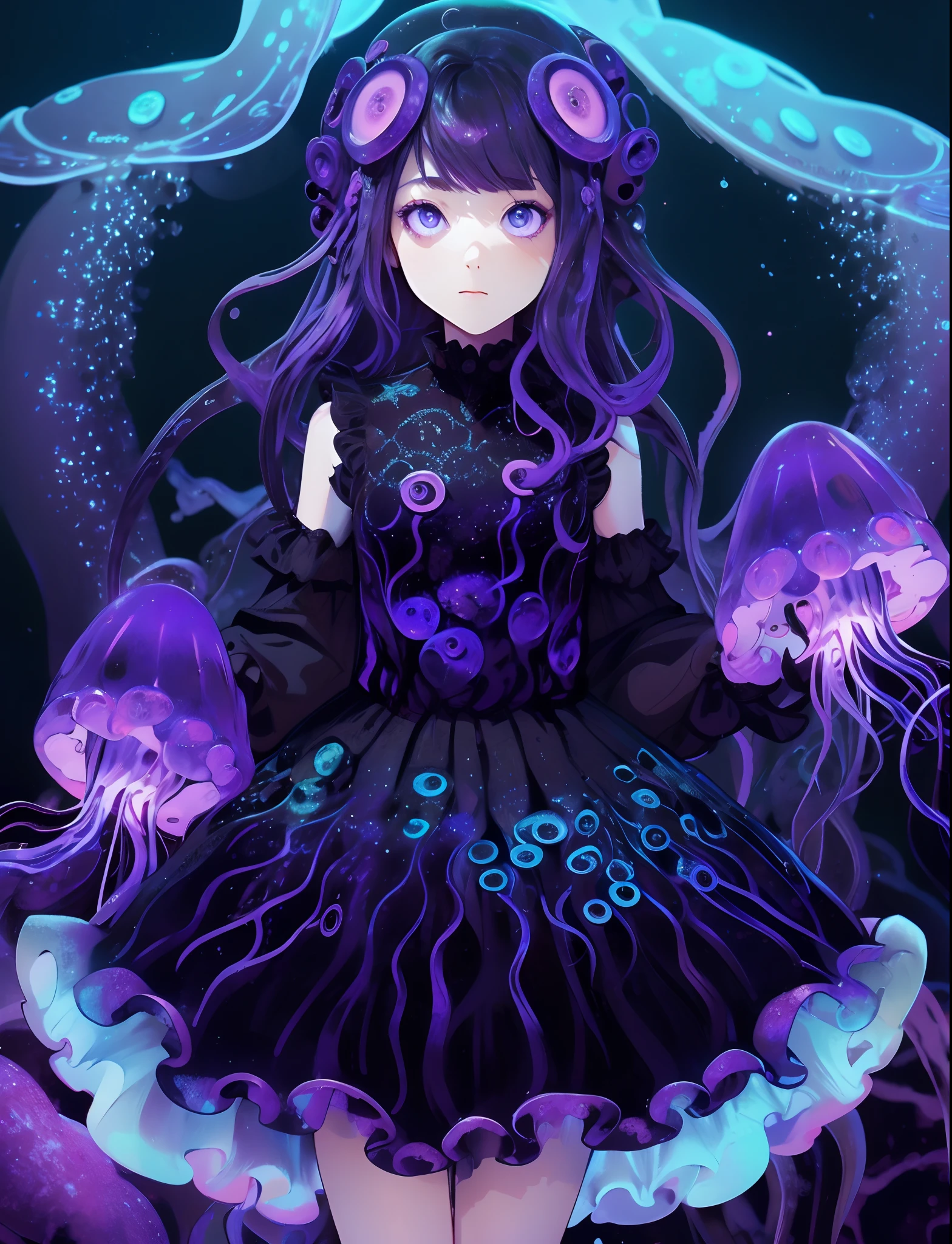 A girl wearing a jellyfish dress. A black jellyfish and a purple glow. Black tentacles lined with purple luminescent bodies. Deep sea.