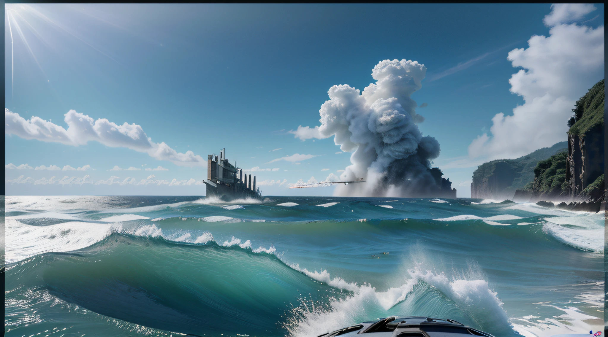 RAW, Masterpiece, Super Fine Photo, Ultra High Resolution, Photorealistic, Sunlight, giant metal shark sharp teeth exposed explodes out of the ocean, sandy beach facing the ocean, pigeoncore, neo-dadaist, mechanized precision, in the style of mecha sci-fi anime, 8k, best quality, highres,Ultra-realistic 64K CG, Photorealista:1.4, Skin Texture:1.4, Volumetric fog, 8k uhd, dslr, high quality, film grain, fair skin, photorealism, lomography, translucent