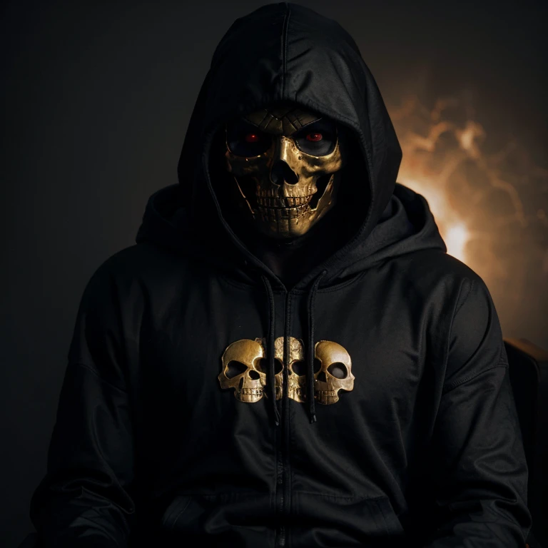 Golden skull face, wearing a dark cape with a hoodie, high quality, galaxy in the background,sitting on a chair, red eyes,