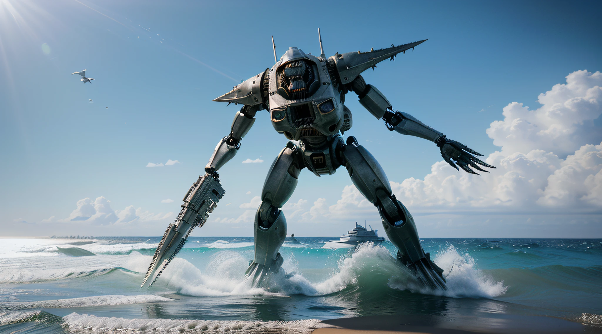 RAW, Masterpiece, Super Fine Photo, Ultra High Resolution, Photorealistic, Sunlight, giant metal shark sharp teeth exposed explodes out of the ocean, sandy beach facing the ocean, pigeoncore, neo-dadaist, mechanized precision, in the style of mecha sci-fi anime, 8k, best quality, highres,Ultra-realistic 64K CG, Photorealista:1.4, Skin Texture:1.4, Volumetric fog, 8k uhd, dslr, high quality, film grain, fair skin, photorealism, lomography, translucent