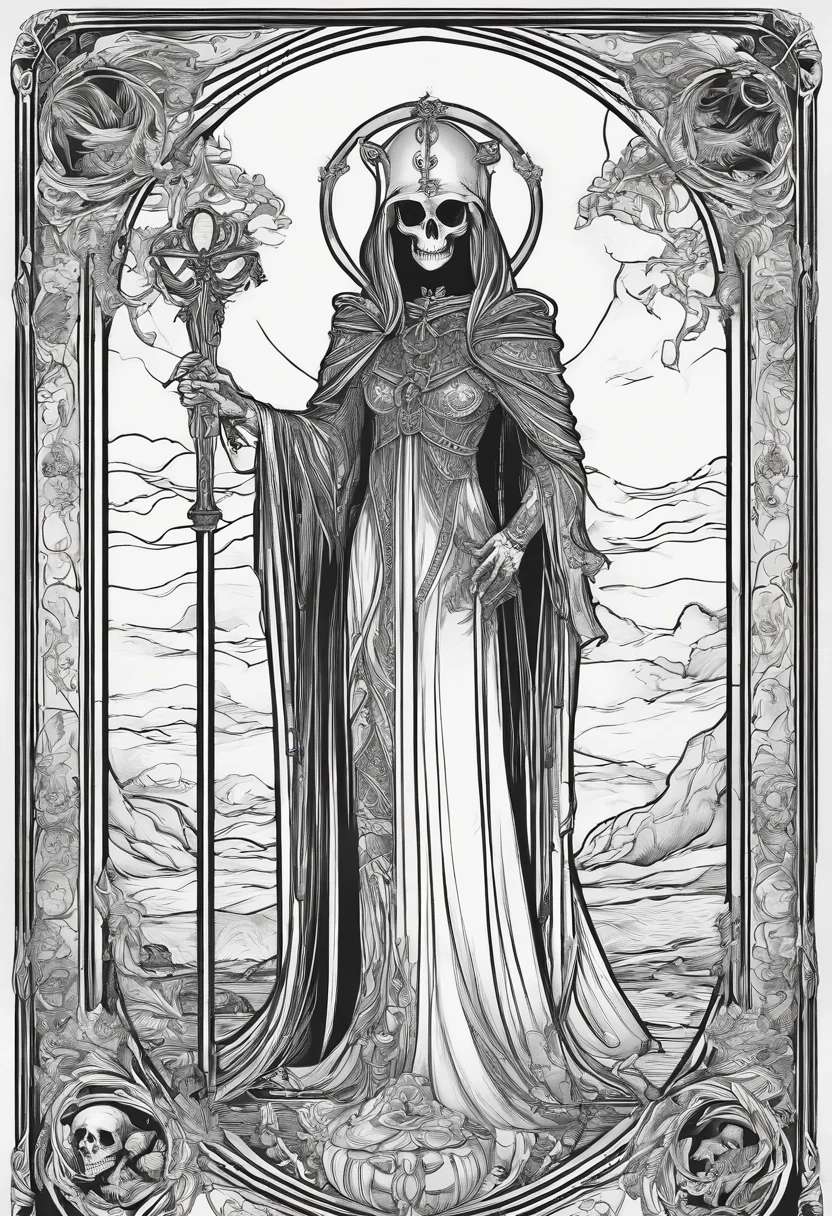 Death tarot card, coloring book page, clear details, clean line art, thick outline, clear line art