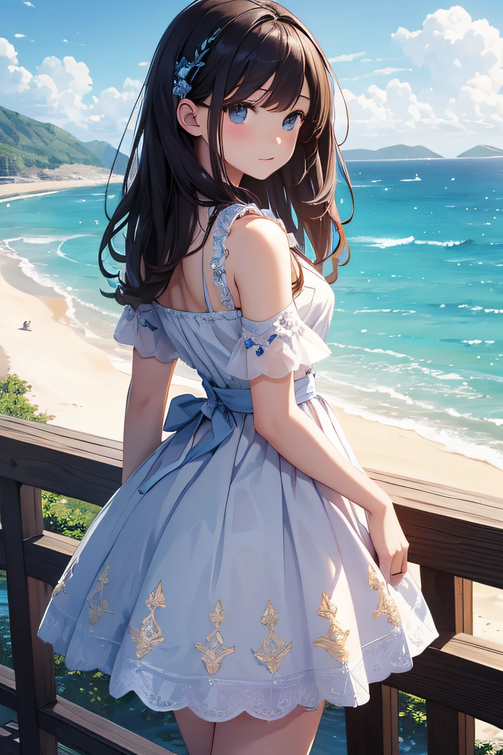 masterpiece、Background with((sea side、sand beach))、15yo student、a beauty girl、Highly detailed embroidery on the dress、skirt by the、