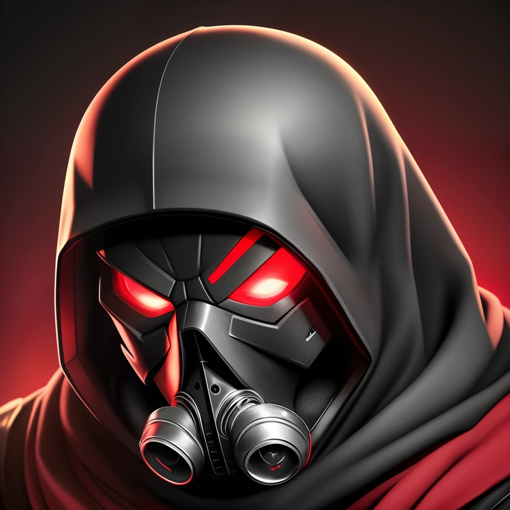 An imposing skull dons a gas mask, exuding an air of mystery and menace. Beneath a dark red hood, its eyes convey a malevolent intent. Every detail of the skull is meticulously crafted, emanating a formidable presence. Logo. HD. --auto --s2