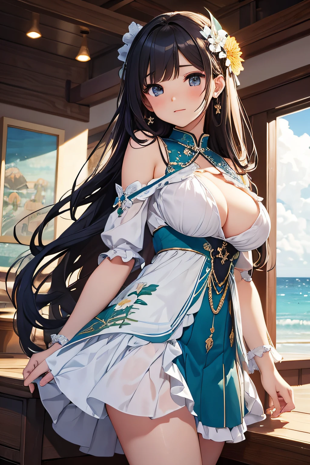 masterpiece、Background with((sea side、sand beach))、 student、a beauty girl、huge tit、Highly detailed embroidery on the dress、skirt by the、