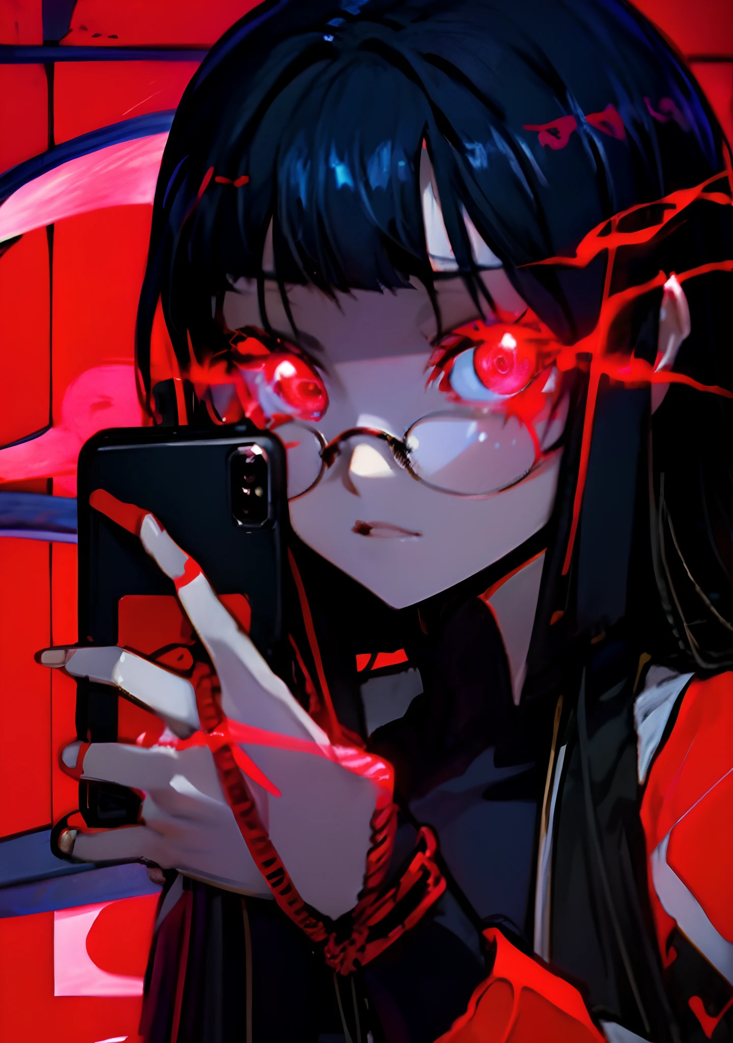 Anime girl with glasses holding a cell phone in her hand, vibraciones de anime, anime aesthetic, en un estilo anime, con ojos rojos brillantes, she is holding a smartphone, en estilo anime, Solo estilo anime, 1 7 - year - old anime goth girl, anime style illustration, con ojos rojos brillantes, Anime style, Estilo de arte anime, Estilo anime 4K