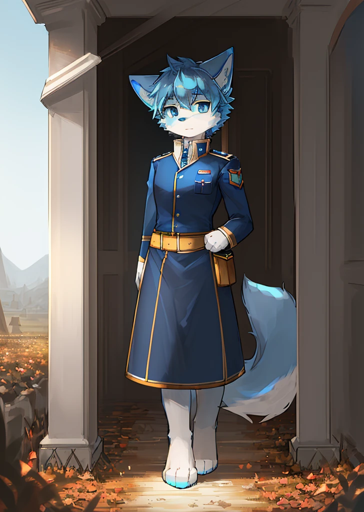 Normal situation (Fluffy blue fox boy), On the battlefield, standing on your feet,Face facing the camera, ((glomy, Detailed face, Clear big eyes,Blue eyes,Meticulous details)), Natural and soft lighting, 8K, sfv, Autumn , Peaceful , (Fluffy paws), in a soldier uniform