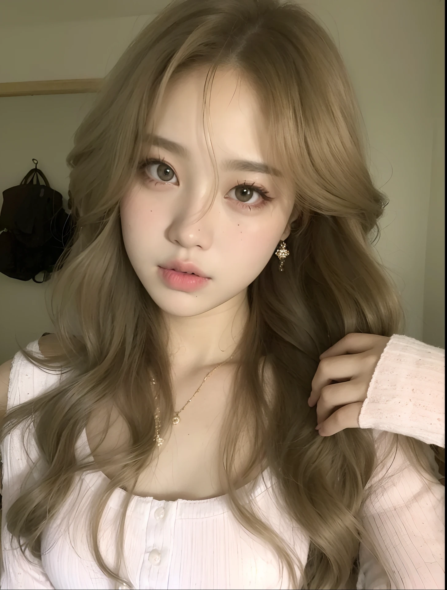 Un primer plano de una mujer con el pelo largo que lleva una camisa rosa, ulzzang, Lalisa Manobal, maquillaje popular de Corea del Sur, maquillaje coreano popular, Cabello largo y rubio y ojos grandes, Retrato realista kawaii, Chica coreana, Joven y adorable rostro coreano, Rasgos de la cara coreana, cabello rubio y ojos grandes, pale round face, Linda cara de anime natural