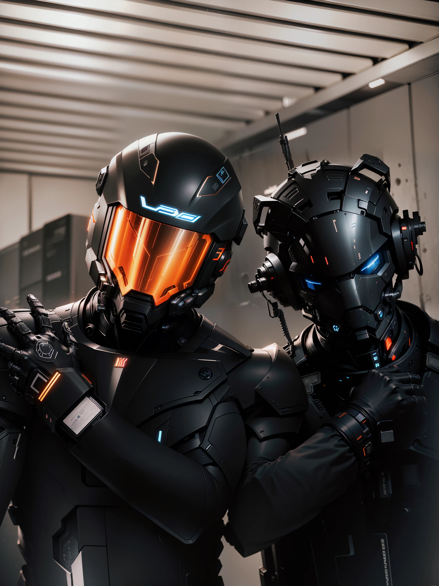 Handsome full-body black mech Cyber handsome warrior，Information mechanical motorcycle，High-tech black full enveloping helmet，Nousr， Biomechanicals， MSHN Robot Man，High-tech helmet，hyper realisitc， Steel， Complex design， insanely details， finely detailled， Extremely clear lines， cinmatic lighting， photograph realistic， A detailed masterpiece