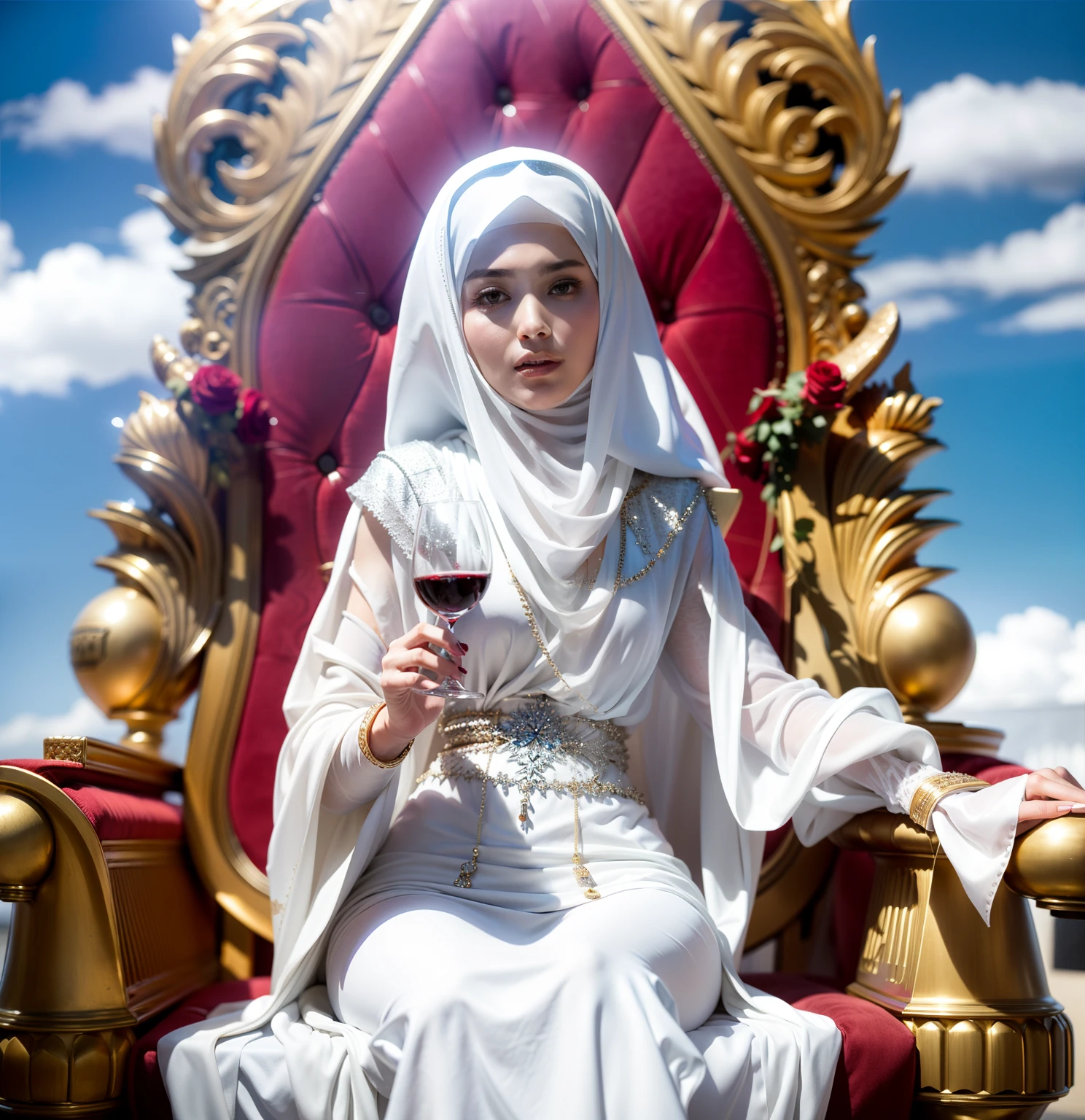 Arafed silver hijab woman in white dress sitting on a throne holding a glass of wine, white hijab, sitting in a gilded throne, on her throne, a beautiful fantasy empress, sitting on her throne, lying a throne in a fantasy land, beautiful and elegant, goddess, ((a beautiful fantasy empress)), white hijab, sitting on a throne, white-hijab