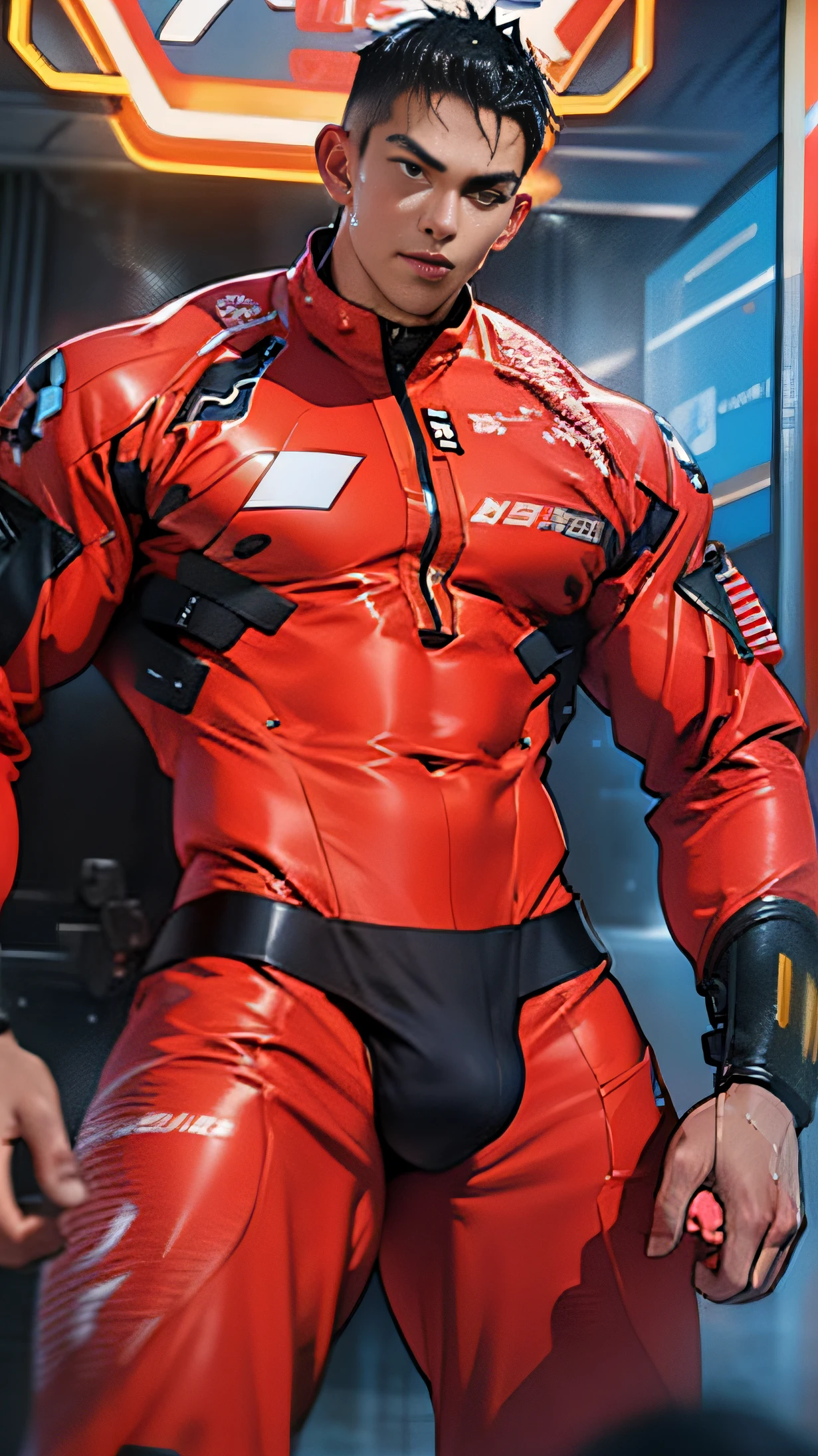 A tall muscular boy , Naked , Legs spread , (The whole body of the character),impact , Sweaty , Wet , Seductive , Bigboobs , large bulge , big balls ,, From the knees , big assa,mechs,punky style