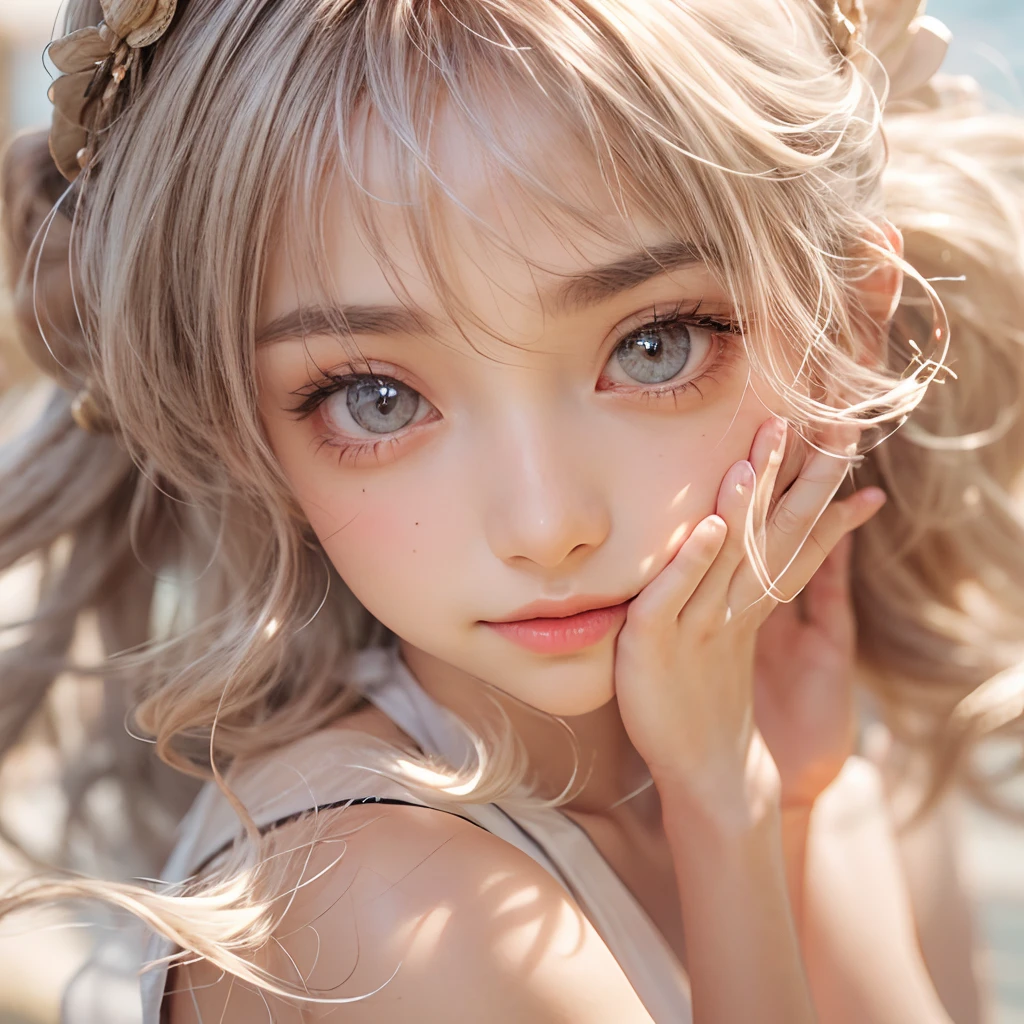 (Best Quality,hight resolution,masutepiece:1.2),Ultra-detailed,(Realistic,Photorealistic,Photorealsitic:1.37),Sharp Focus,Vivid colors,Beautiful detailed eyes,Beautiful detailed lips,longeyelashes,Hair flowing in the wind,rosy cheeks,Soft and smooth skin,Natural eyebrows,Sparkling eyes with intricate details,Subtle blush on the face,Warm and cozy smile,Detailed eyelashes in volume and length,Glowing highlights of the eyes,Sunlit studio lighting,Subtle atmospheric haze,Delicate shadows on the face,Impeccable skin texture,expressive facial features,lively expression,a captivating gaze,Pure joy and happiness radiating from eyes and face, Back lighting, Tiny Japan Junior Idol, Slingshot swimsuit, ((dynamic ungle, cleavage, Physically-based rendering)), (Anatomically accurate representation of the proportions of the whole body and all limbs),