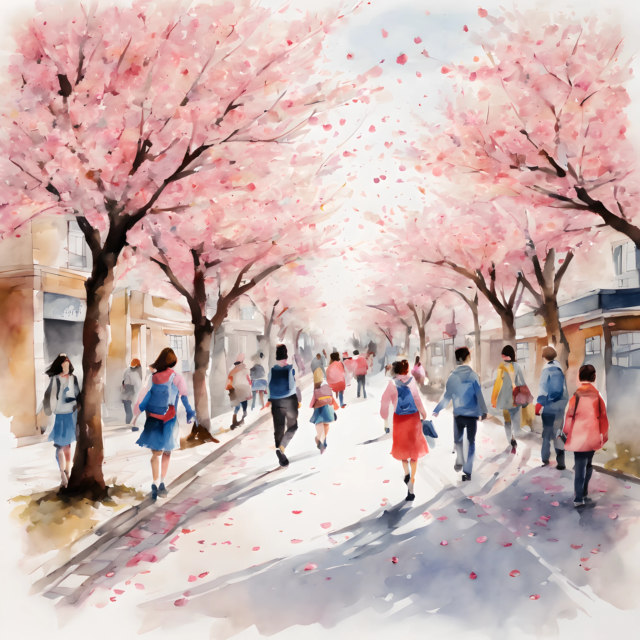 (Cherry blossom And Street:1.5), (ink and watercolor painting:1.5), (Tasteful:1.5), (ink and watercolor painting:1.5), (full color:1.5), 8k, 4k, (landscapes:1.5),(cherry blossom trees:1.5),(school street:1.5),(wind:1.5),(flying cherry blossom petals:1.5),(street:1.5),(lots of people on street:1.5),
