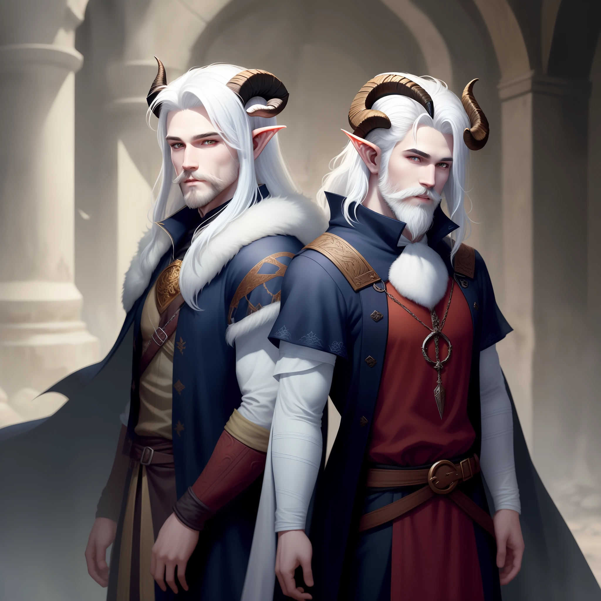 Male Levistus tiefling hexblade warlock with medium-length white hair, a well-groomed white beard, pale blue skin, and black horns like a ram.