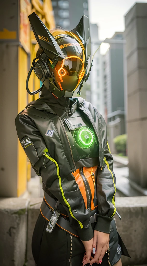 original, masterpiece, best quality, a cyborg woman in a green circle light up black cyberhelmet with orange ears, wearing Neon Green jacket, sunny day, on the street