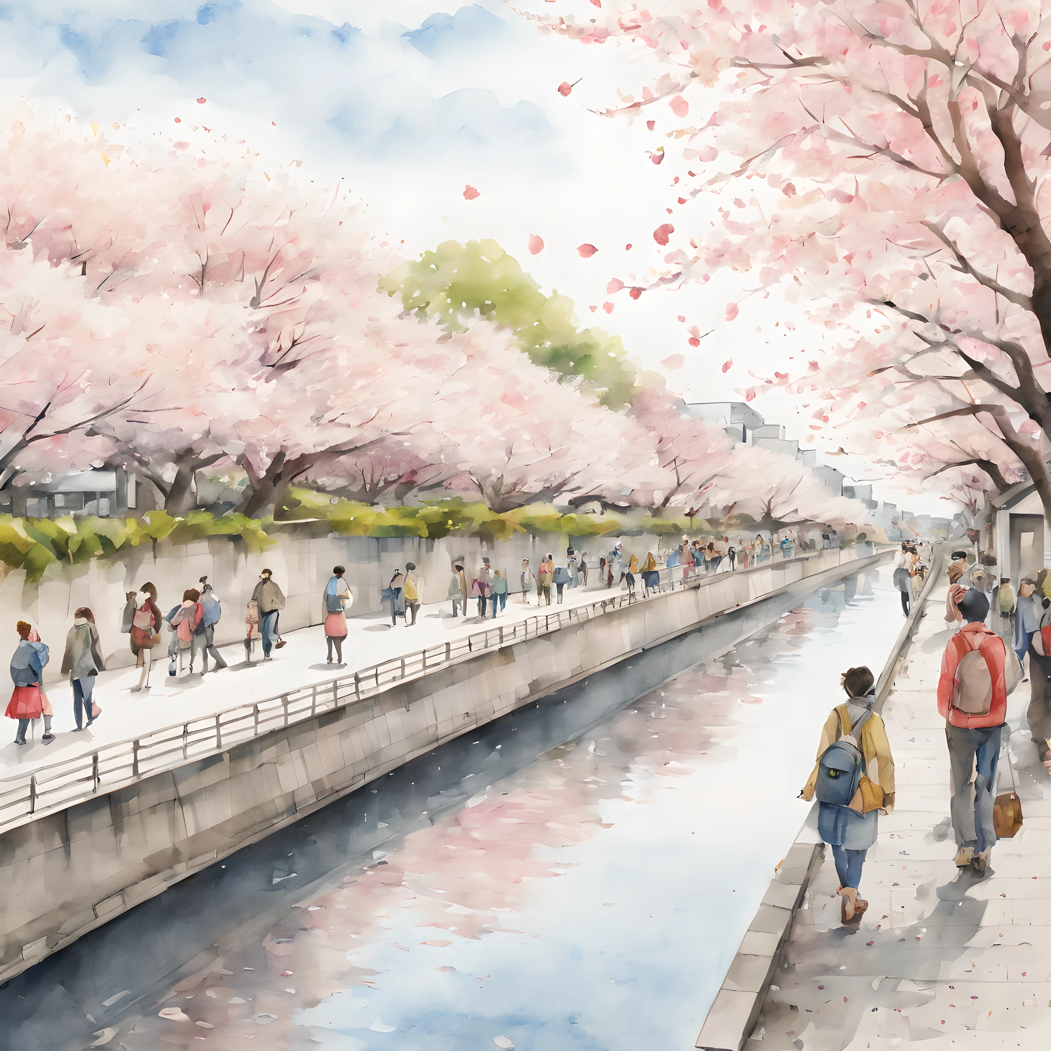 (Cherry blossom And Street:1.5), (ink and watercolor painting:1.5), (Tasteful:1.5), (ink and watercolor painting:1.5), (full color:1.5), 8k, 4k, (landscapes:1.5),(cherry blossom trees:1.5),(school street:1.5),(wind:1.5),(flying cherry blossom petals:1.5),(river side street:1.5),(osaka:1.5),(lots of people on street:1.5),