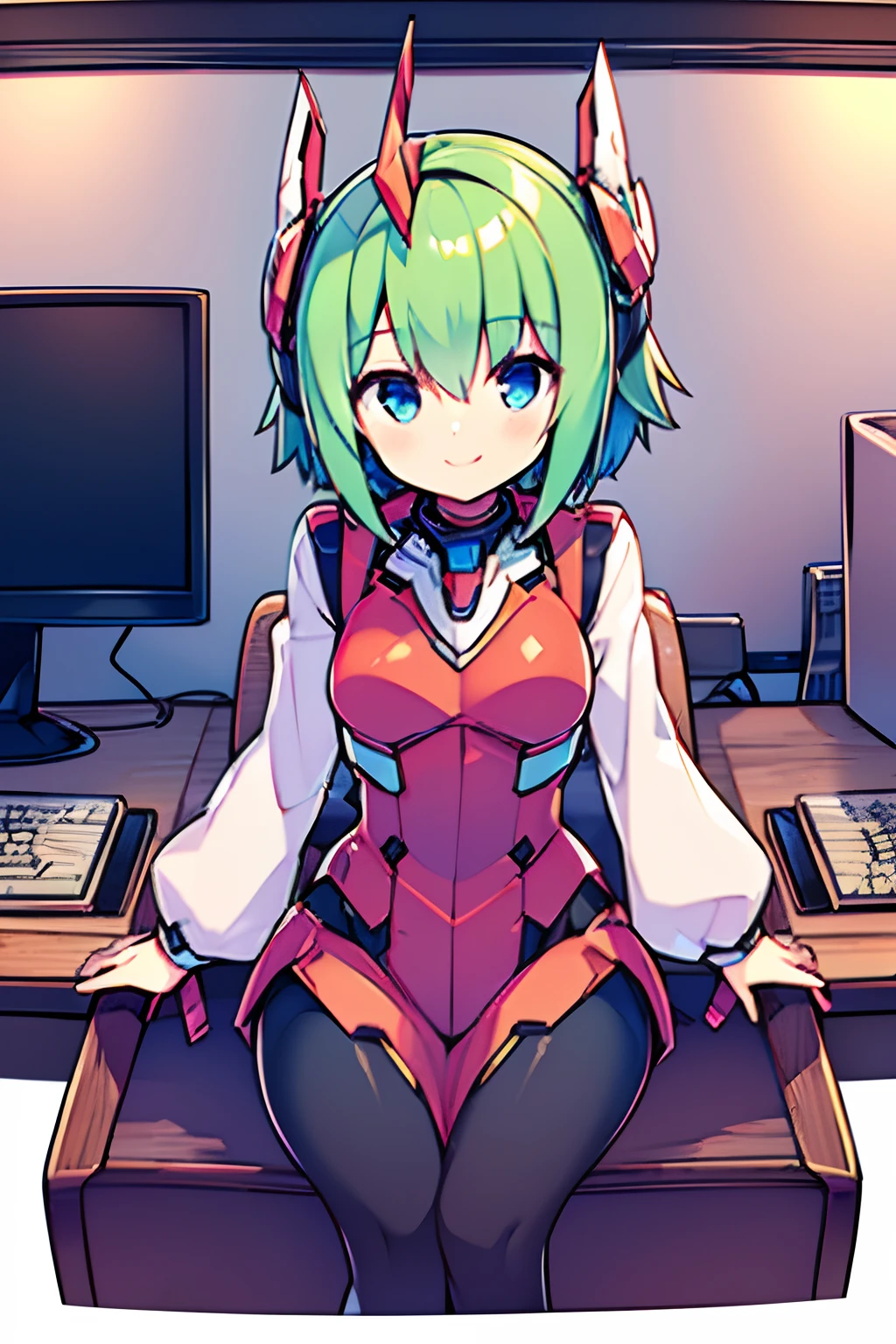 masterpiece, best quality, 1girl, solo, green hair, short hair, blue eyes, long sleeves, frilled, smiling, looking at viewer, a red hair pin, ((mecha headgear)), in the room, (computer monitor), smiling, sitting on the chair, hide one's hand