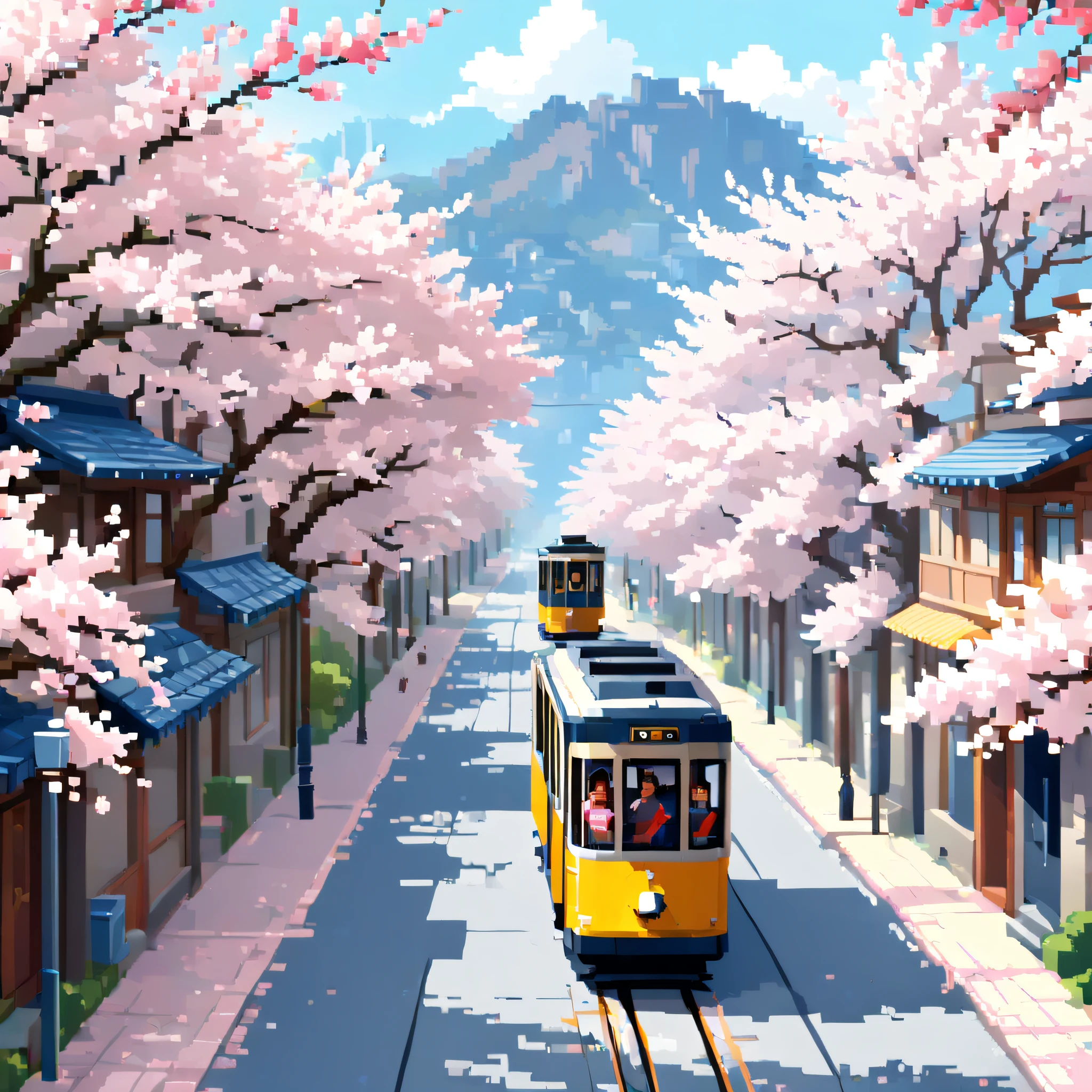 (Cherry blossom And Street:1.5),(landscape:1.5), (Pixel art:1.5), (pixel theme:1.5), (fantasy:1.5), (beautiful scenely:1.5),(landscapes:1.5),(cherry blossom trees:1.5),(tram:1.5),(spring:1.5),(street:1.5),(1900s:1.5),(Meiji:1.5),(Civilization and civilization:1.5), (beautiful scenery pixel art illustration:1.5),(best quality:1.5),(masterpiece:1.5),