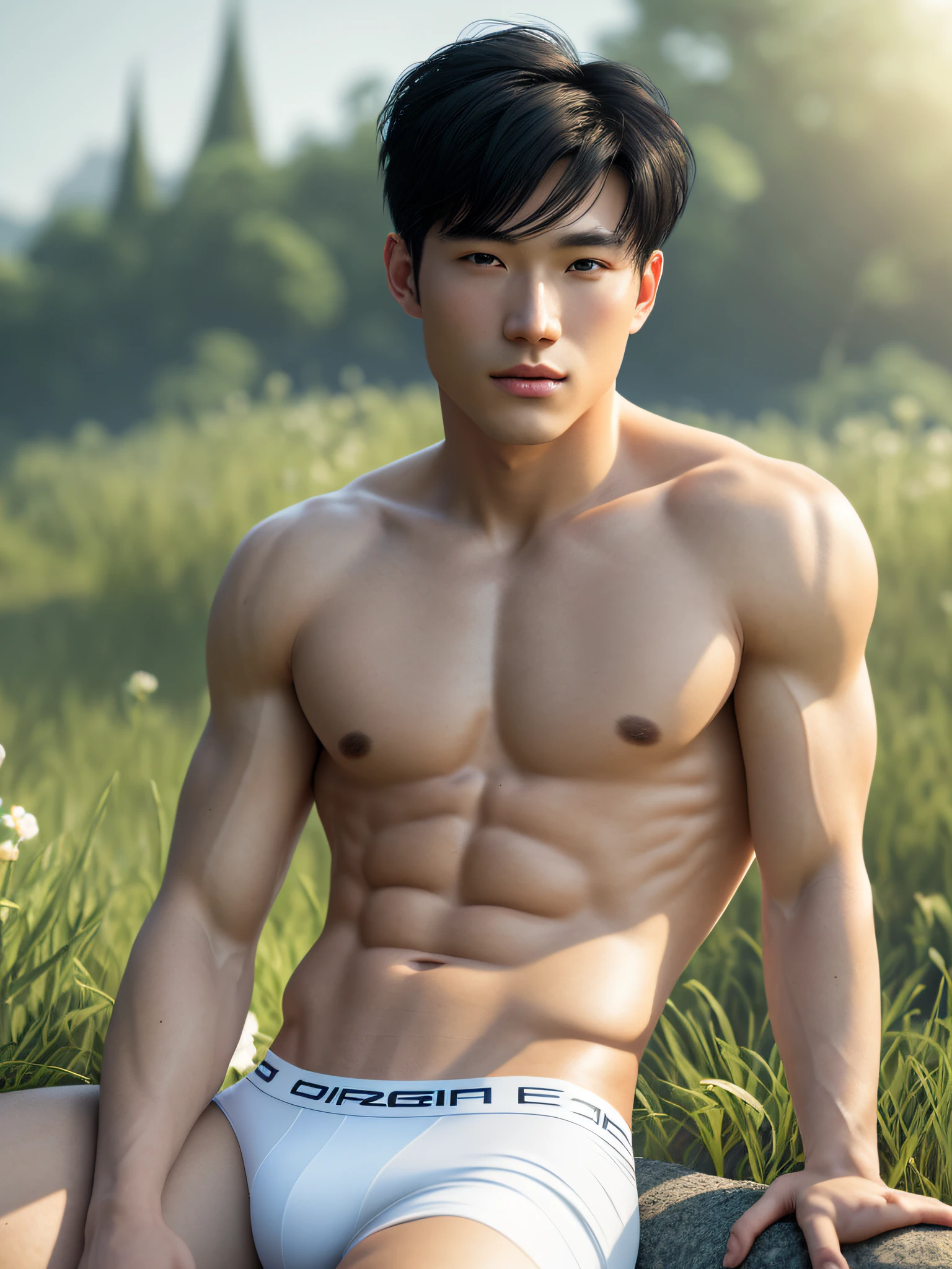 1人, ((Male model)) Warm skin, Masterpiece, Best quality, The most beautiful man in the world, By Shen Quan, Mayoral bodies, Handsome male model, an attractive man 18-24 years old aesthetic, Blooms in spring, Green fields, Spring, uni, green trees, flower, Blue sky, Sturdy and beautiful young man in white pajamas, white jockstrap, White cloth, A shirtless jacket over the shoulder, (Male focus), ((Smooth body)), Super beautiful, Dynamic, Cool and seductive poses, Dramatic lighting, Full body shot, Full body shot, Young face, Whole body, Hairless body, Thin and tall, fit body, Dominant, Fair or fair-skinned, Young face, Firm body, High definition, natural flesh tones, Soft light, Highly detailed, looking at viewert, Photography, Detailed skin, Real Human, Realistic, photo-realistic, insanely details, detail in face, Minimalist hype, Surrealist hype, Cinematic, Telephoto, Intricate lighting details, Highly detailed, Highly detailed, Digital painting, art  stations, concept-art, smooth, Sharp focus, illustration, Unreal Engine 5, 8K, Art by Ross Tran and Greg Rutkowski and Alphonse Mucha, hyper HD, 8K, yes, show only male.8K Ultra HD, Digital SLR, poor lighting, High quality, filmgrain, Fujifilm XT3, Male fans only, 2 Men, pair model. novel cover. Sizzling romance. Black hair and emerald green eyes.