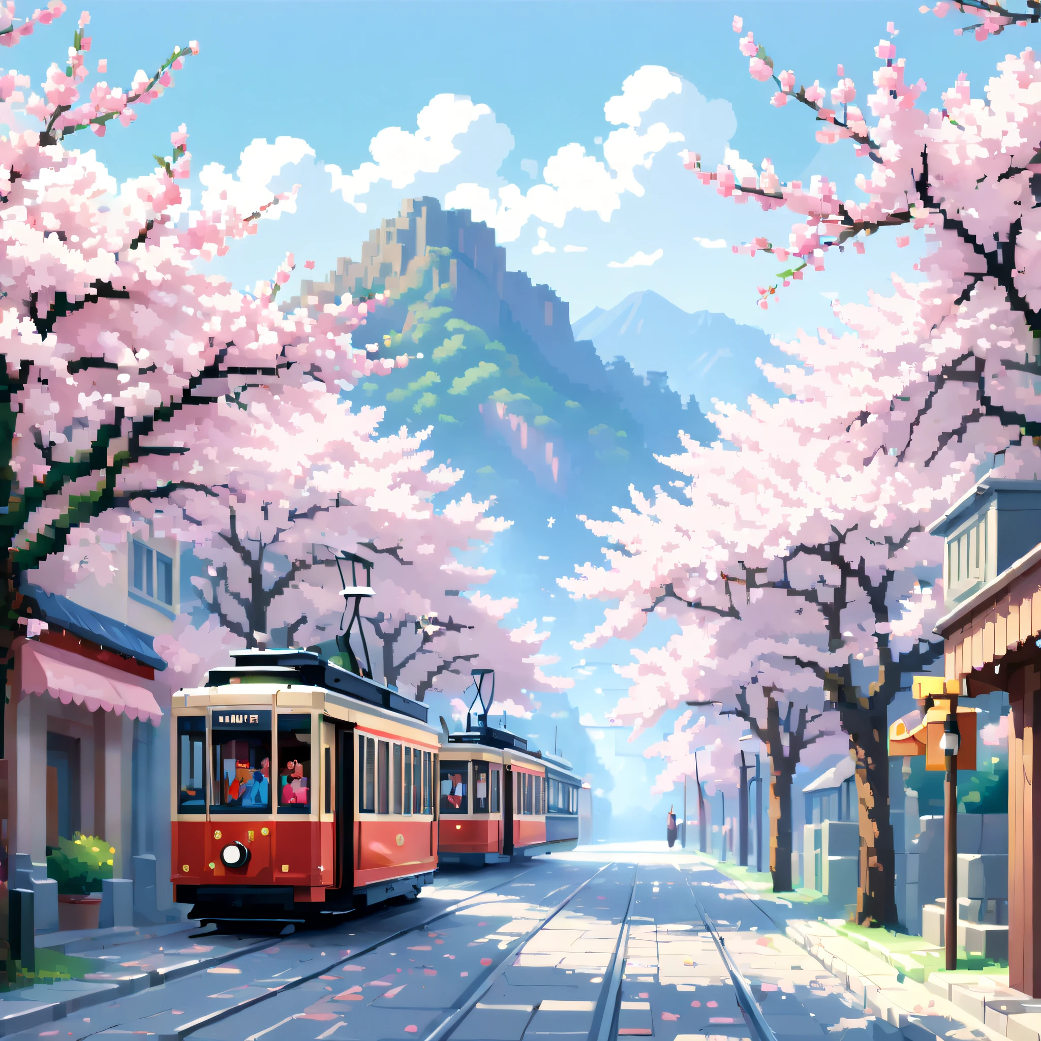 (Cherry blossom And Street:1.5),(landscape:1.5), (Pixel art:1.5), (pixel theme:1.5), (fantasy:1.5), (beautiful scenely:1.5),(landscapes:1.5),(cherry blossom trees:1.5),(tram:1.5),(spring:1.5),(street:1.5),(1900s:1.5),(Meiji:1.5),(Civilization and civilization:1.5), (beautiful scenery pixel art illustration:1.5),(best quality:1.5),(masterpiece:1.5),