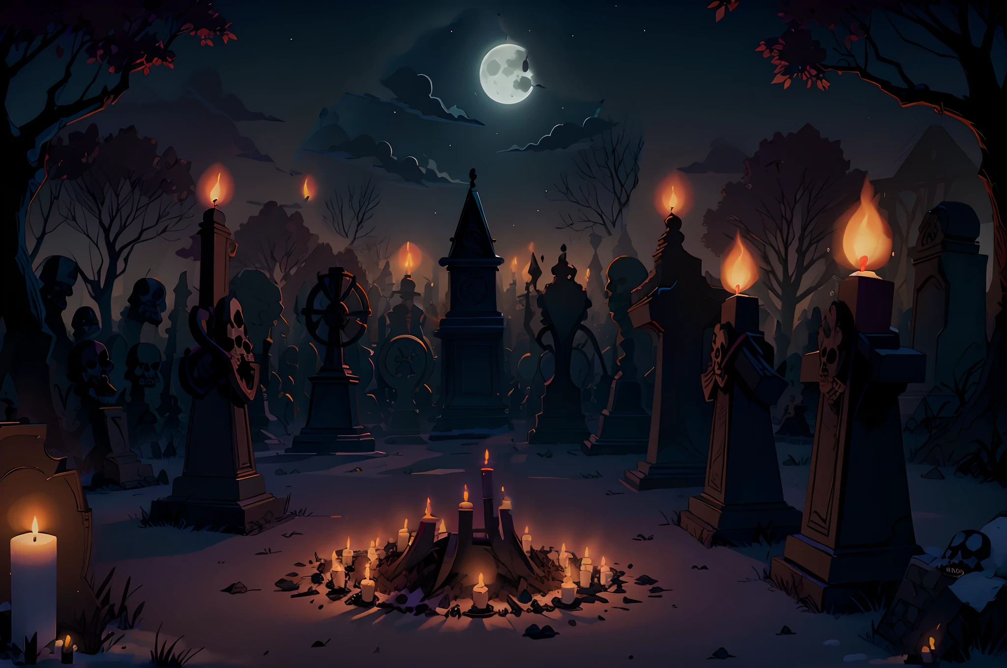 day of the death, graveyard illuminated by candles, full moon night, colorful