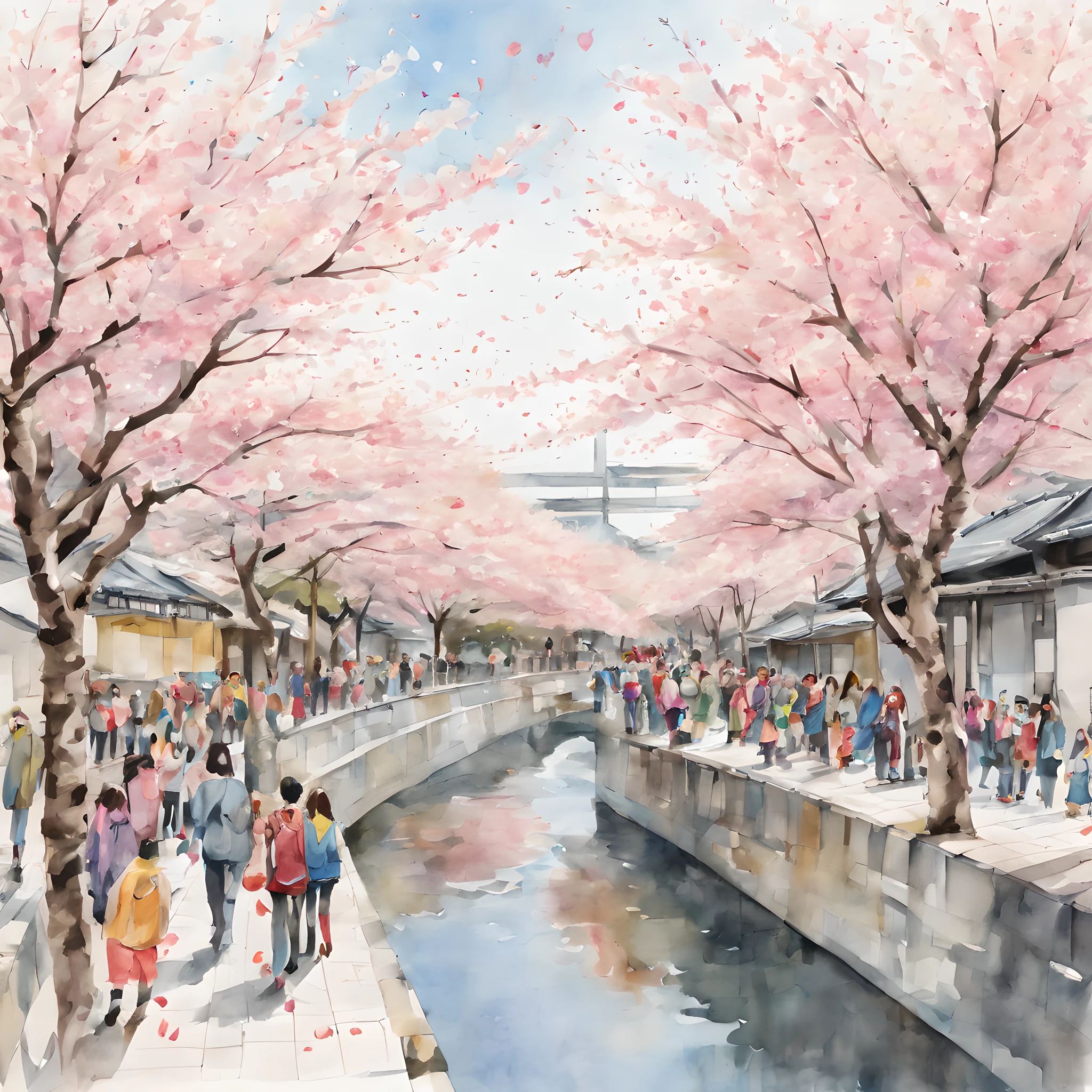 (Cherry blossom And Street:1.5), (ink and watercolor painting:1.5), (Tasteful:1.5), (ink and watercolor painting:1.5), (full color:1.5), 8k, 4k, (landscapes:1.5),(cherry blossom trees:1.5),(school street:1.5),(wind:1.5),(flying cherry blossom petals:1.5),(river side street:1.5),(osaka:1.5),(lots of people on street:1.5),