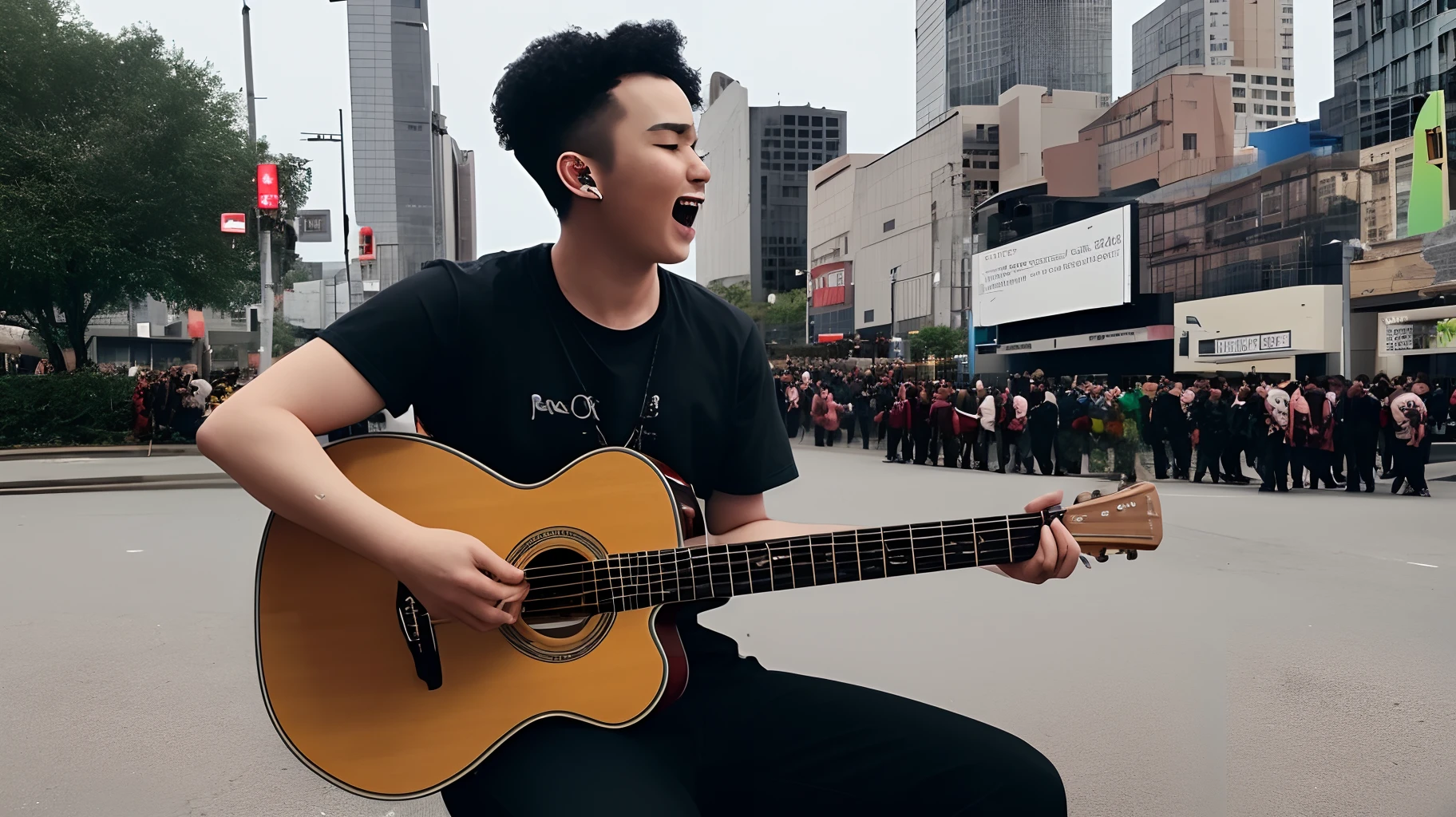 23-year-old man playing guitar　The background is a night view of a big city　smile singing in　There is a large audience.、It's all zombies