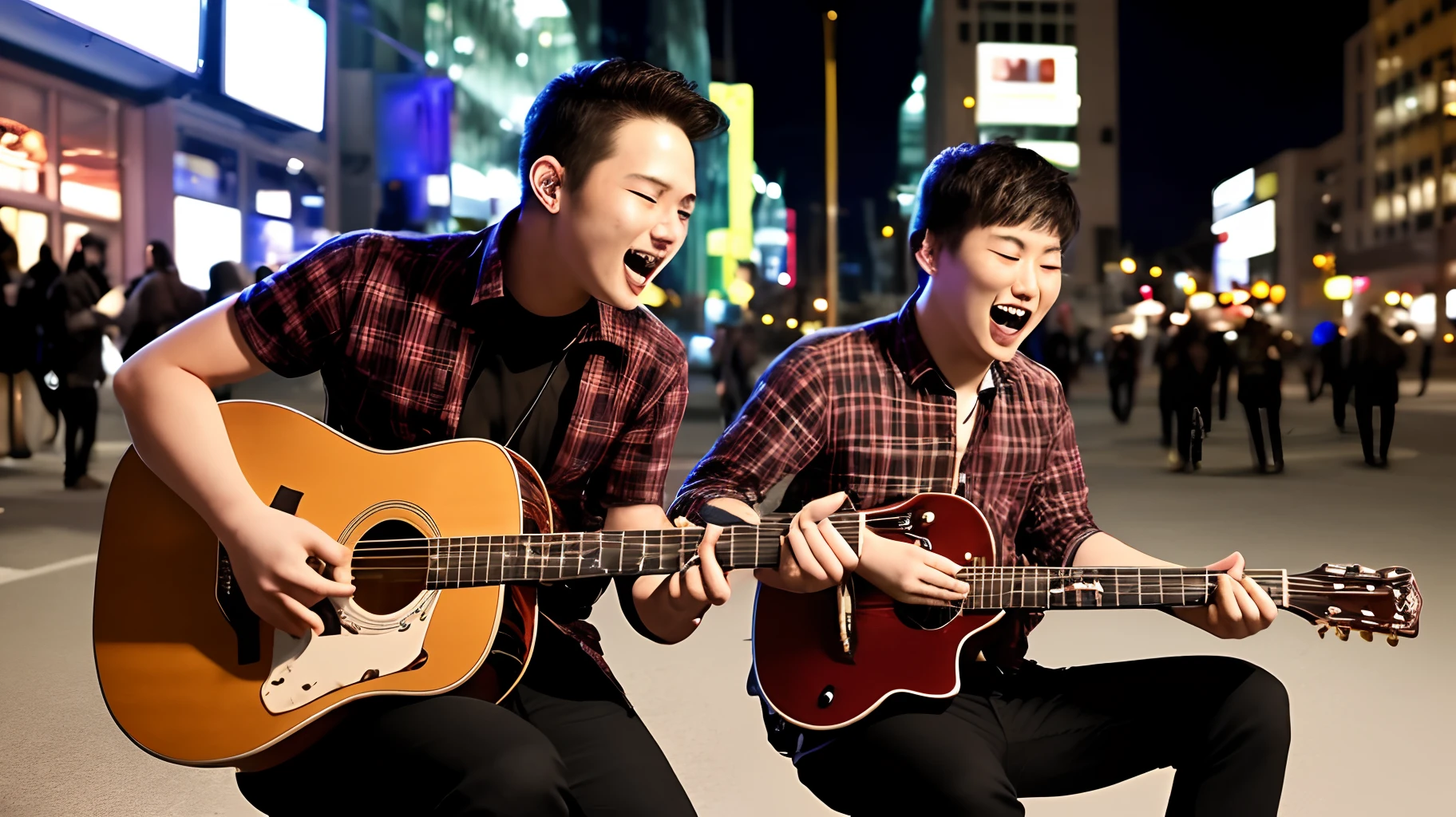23-year-old man playing guitar The background is a night view of a big city smile singing in There is a large audience.、It's all zombies