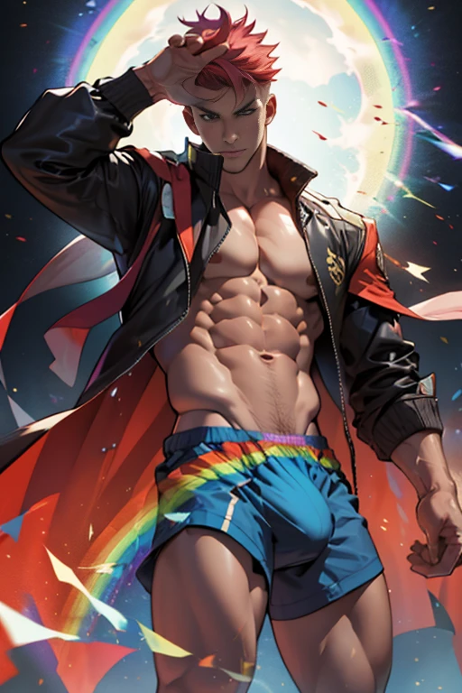 1boy,male focus,jacket,pectorals flame hair, extremely masculine muscular character, ripped clothes, shirtless, huge bulge, ,solo,shirt,open jacket,open clothes, rainbow cape, thong, short hair, rainbow male,rainbow hair, waving hands around, vpl, hammer