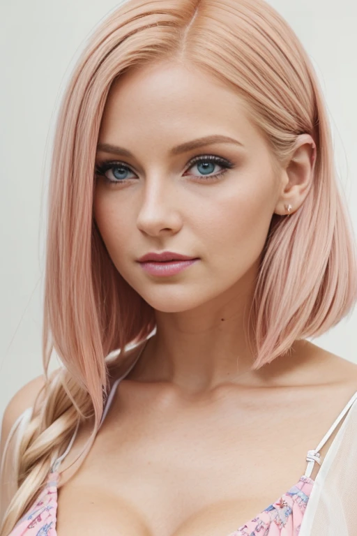 Petite 30 year old woman with light strawberryblonde hair in a straight undercut bob and striking blue eyes wearing eye liner, pink lips, in a white summer dress, detailed face, cleavage, nose ring