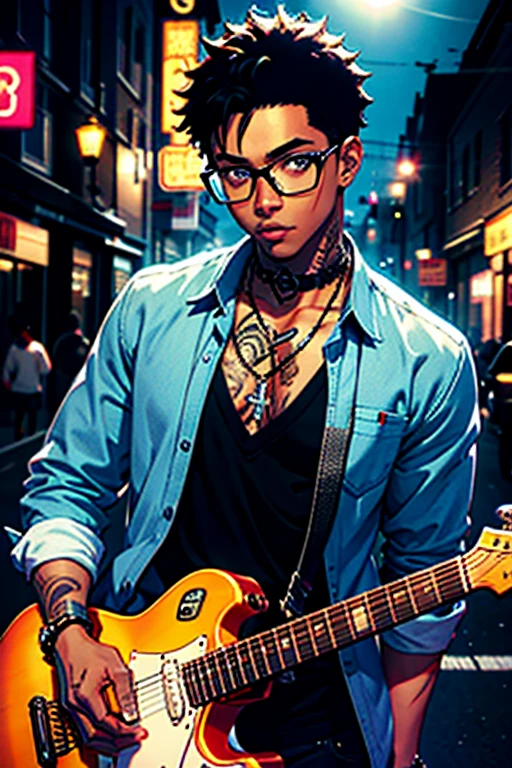 Black Boy, Black skin ,sin camisa, tattooed, With glasses, electric guitars, luminosity, natta, a town square, beautiful image, high detailing, Best Quality, nffsw, Lockser, 城市, Black Boy, good-looking,