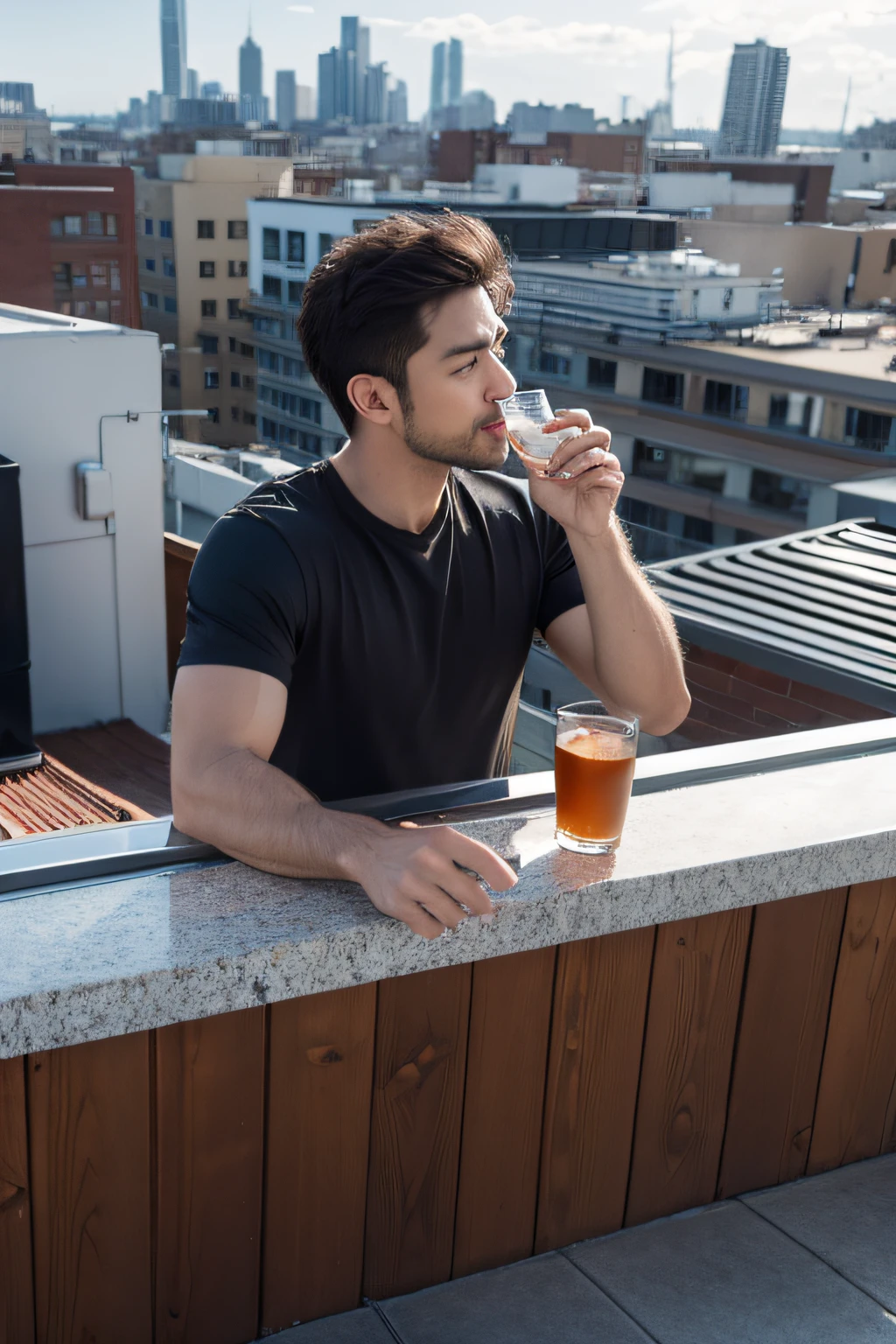 A man drinks on the rooftop,k hd