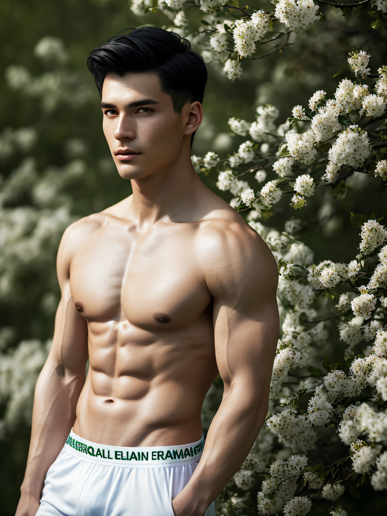 1人, ((Male model)) Warm skin, Masterpiece, Best quality, The most beautiful man in the world, By Shen Quan, Mayoral bodies, Handsome male model, an attractive man 18-24 years old aesthetic, Blooms in spring, Green fields, Spring, uni, green trees, flower, Blue sky, Sturdy and beautiful young man in white pajamas, white jockstrap, White cloth, A shirtless jacket over the shoulder, (Male focus), ((Smooth body)), Super beautiful, Dynamic, Cool and seductive poses, Dramatic lighting, Full body shot, Full body shot, Young face, Whole body, Hairless body, Thin and tall, fit body, Dominant, Fair or fair-skinned, Young face, Firm body, High definition, natural flesh tones, Soft light, Highly detailed, looking at viewert, Photography, Detailed skin, Real Human, Realistic, photo-realistic, insanely details, detail in face, Minimalist hype, Surrealist hype, Cinematic, Telephoto, Intricate lighting details, Highly detailed, Highly detailed, Digital painting, art stations, concept-art, smooth, Sharp focus, illustration, Unreal Engine 5, 8K, Art by Ross Tran and Greg Rutkowski and Alphonse Mucha, hyper HD, 8K, yes, show only male.8K Ultra HD, Digital SLR, poor lighting, High quality, filmgrain, Fujifilm XT3, Male fans only, 2 Men, pair model. novel cover. Sizzling romance. Black hair and emerald green eyes.