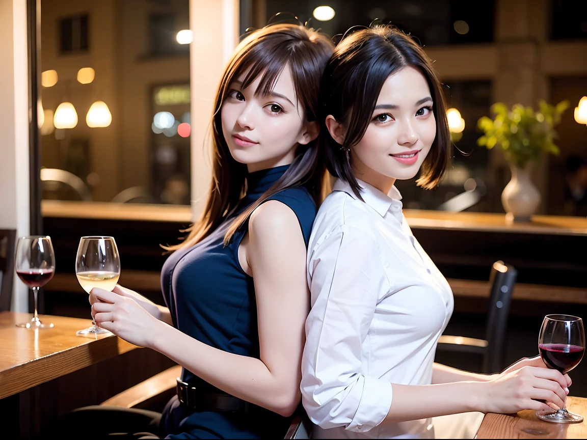 8k, (Raw photo:1.2), (Photorealsitic), Beautiful detailed, Famous popular idol、 (Real: 1.4), extremely detailed eye and face, beatiful detailed eyes, ((Dazzling night illumination plaza:1.2)), ((Women's Suits:1.3, Ultra-realistic pantyhose:1.2))、selfee、Instagram、harsh trial、huge filesize, hight resolution, ighly detailed, top-quality, [​masterpiece:1.6], illustratio, ighly detailed, nsfw, finely detail, top-quality, 8k wallpaper, Cinematographic lighting, 1 milf, 19 year old, perfect body, Beautiful big drooping eyes, ((masutepiece)), Best Quality, eye shadow,  high-heels、Portrait、(Very affectionate smile:1.2)、realistic skin textures、shinny skin、Exposed thighs, low angle photo, inverted nipples, full body shot,