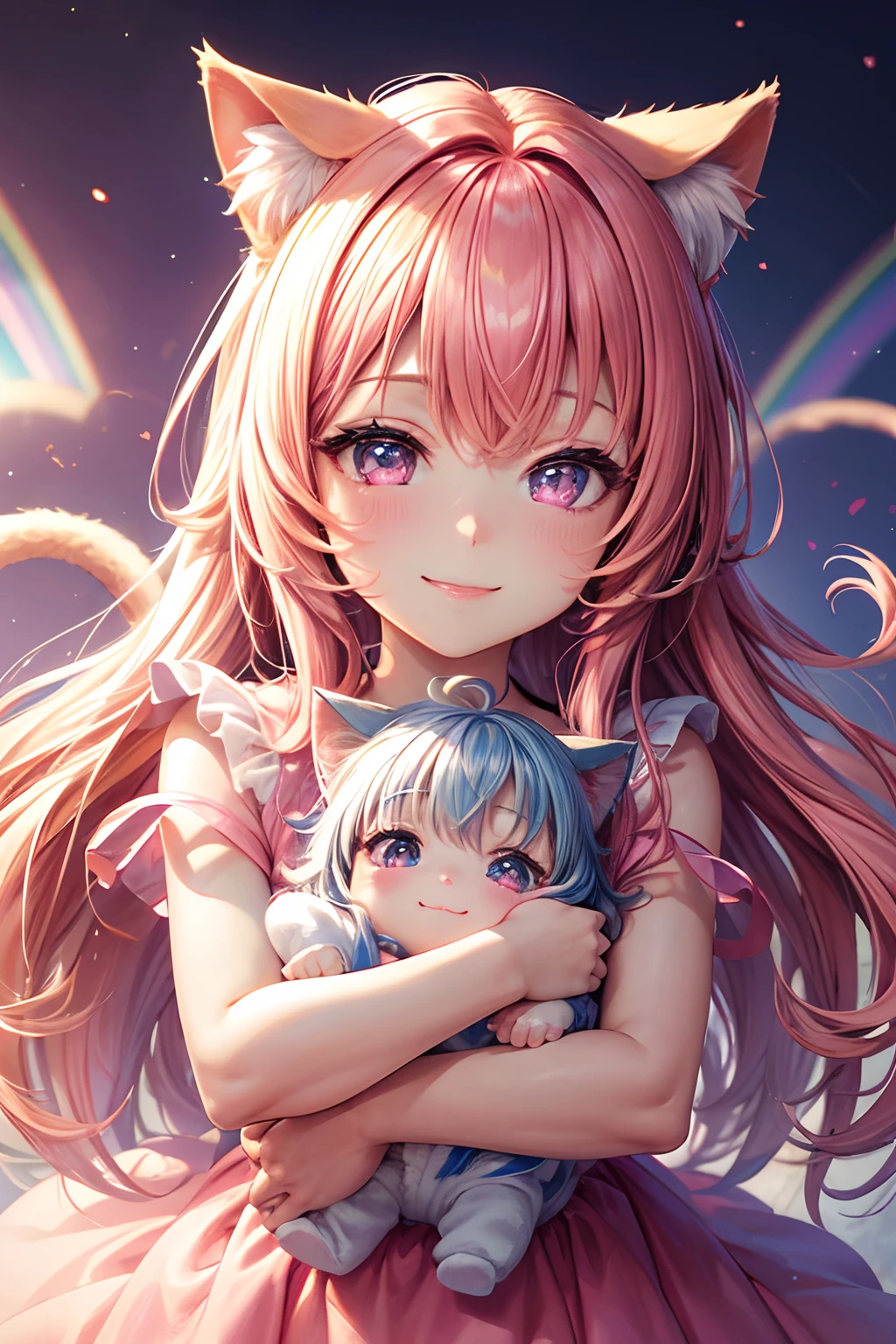 Top quality, high resolution, perfect human structure, background focus, front view, , 1 yearinbow hair, glowing hair, cat ears, heart shaped pupils , wavy hair, shiny hair, smiling, pink dress, beautiful,