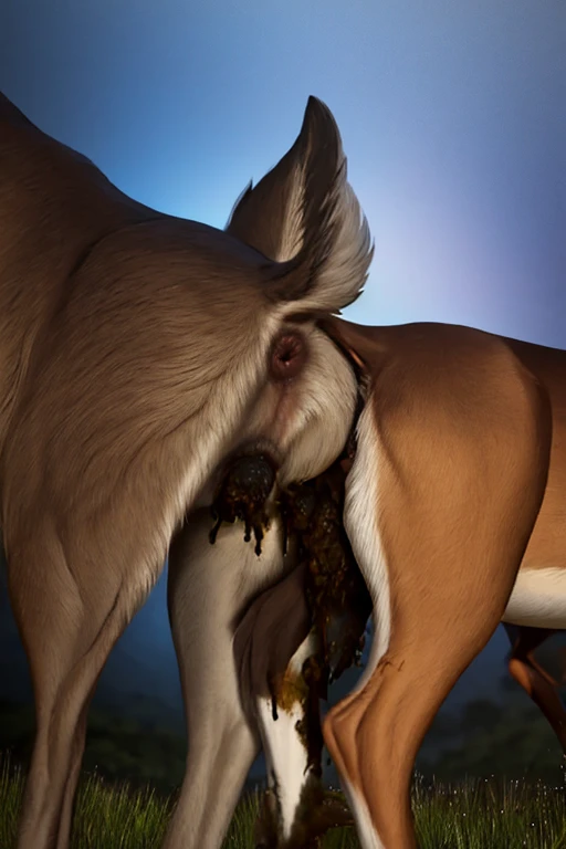 photorealistic feral deer duo, ((((ass to ass)))), anus, hyper realistic, (cinematic colors, cinematic lighting, incredible detail, 16k resolution, award winning photography, ((((feral)))), butt shot, ((excessive feces))