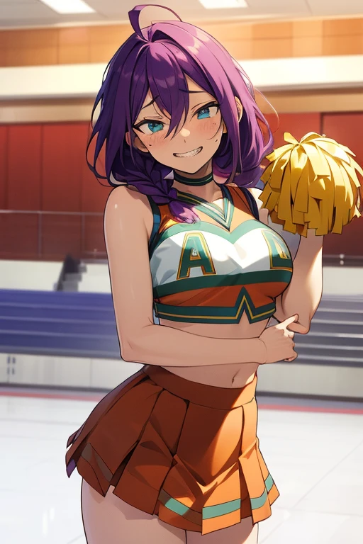 long hair, mole under mouth, purple hair, single braid, hair between eyes, aqua eyes, sharp teeth, ahoge, blush, smile, cowboy shot, masterpiece, best quality, absurdres, perfect anatomy, 1girl, solo, U.A. CheerUniform, orange skirt, cheerleader, perfect shading, bare shoulders, big breasts