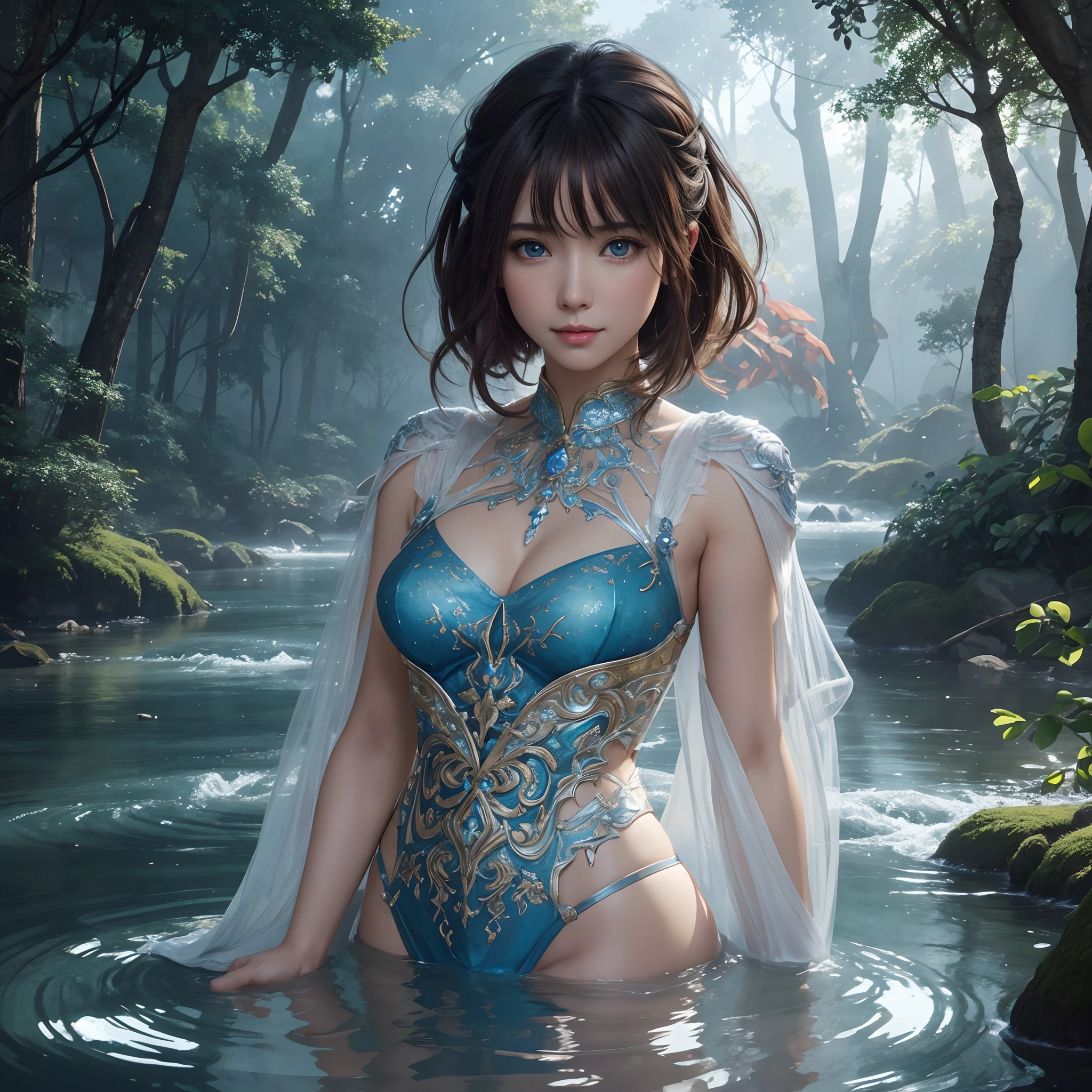 hightquality、8K Ultra HD、fullllbody、1 16-year-old female、Gentle smile、Rich facial expressions、beauty legs、robe blanche、light brown hair、Blue eyes、(The background is a lovely healing forest and the murmur of a river)、Forest of Angels、cute little、Beautiful fece、portlate、art by:Alberto Seveso、Abstract art style、Complex and intricate watercolor painting 、digitial painting、concept-art、Volumetric lighting、TanvirTamim、metal reflective、2d render、8K。 by artgerm、Trending on ArtStation