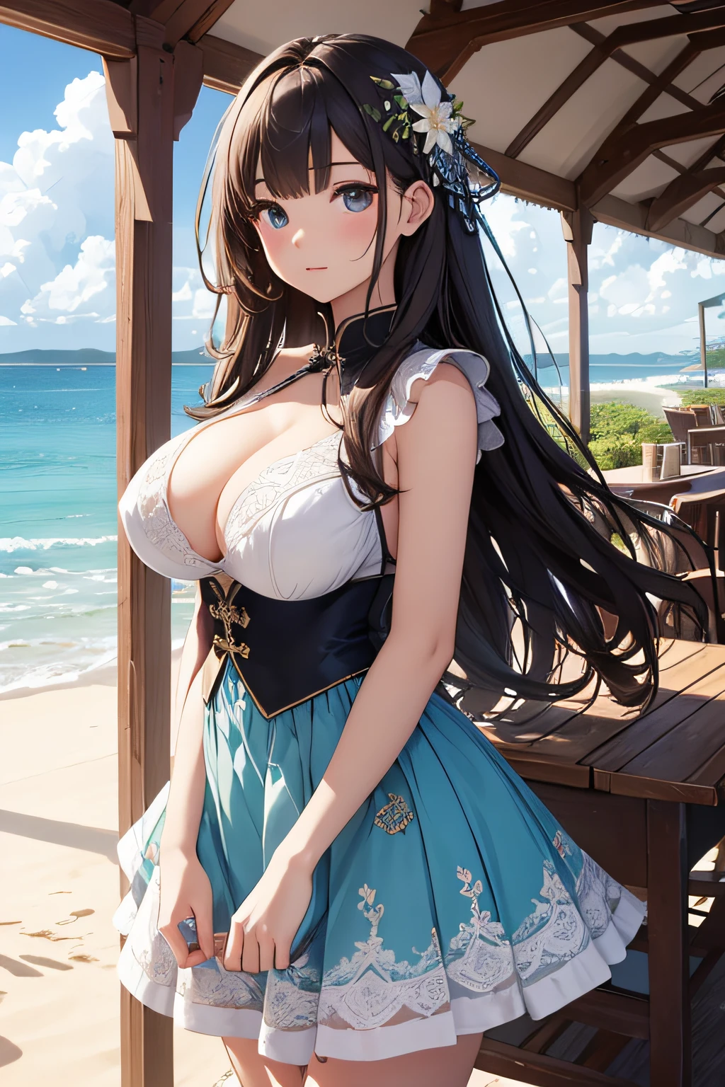 masterpiece、Background with((sea side、sand beach))、 student、a beauty girl、huge tit、Highly detailed embroidery on the dress、skirt by the、