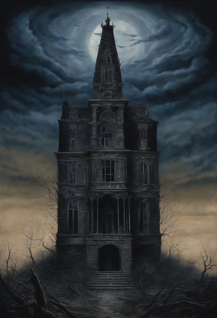 Oil painting of a deep blue sky, A fire, Something new, No estilo de trompe – L'oeil Illusionistic Detail, Blink - and - you - lose - details, Wicano, photolithography, Dark and creepy gothic, Romantic Gothic, Dark ornate gothic
