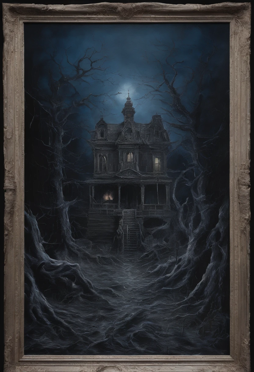 Oil painting of a deep blue sky, A fire, Something new, No estilo de trompe – L'oeil Illusionistic Detail, Blink - and - you - lose - details, Wicano, photolithography, Dark and creepy gothic, Romantic Gothic, Dark ornate gothic