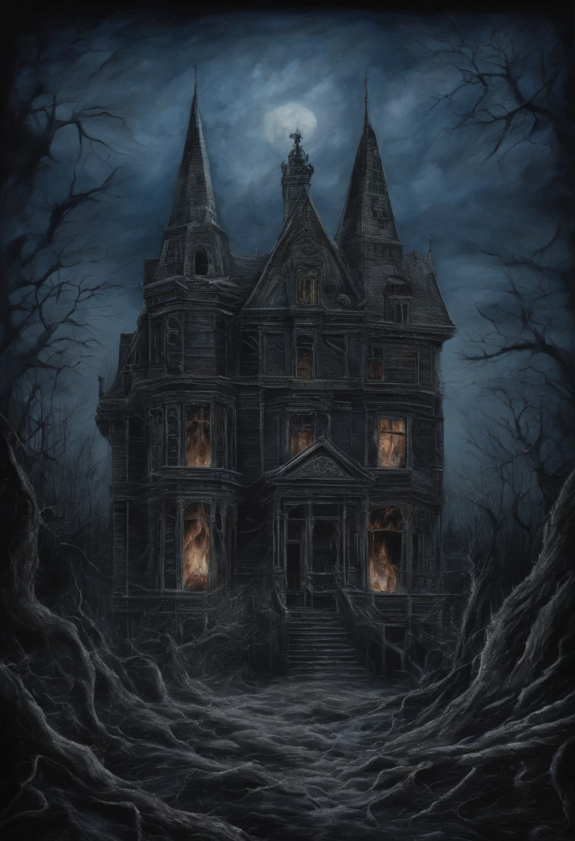 Oil painting of a deep blue sky, A fire, Something new, No estilo de trompe – L'oeil Illusionistic Detail, Blink - and - you - lose - details, Wicano, photolithography, Dark and creepy gothic, Romantic Gothic, Dark ornate gothic