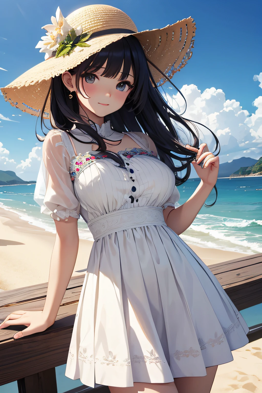 masterpiece、Background with((sea side、sand beach))、、a beauty girl、huge tit、Highly detailed embroidery on the dress、skirt by the、