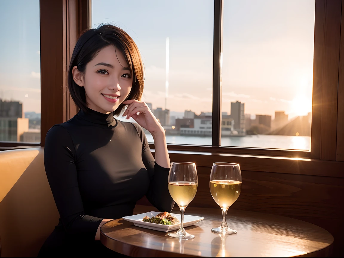 (64k uhd、nffsw、top-quality、masterpiece:1.2)、(realisitic、Photorealsitic:1.37)、ultra-detailliert、1 pretty lady、(Slim Faces)、(Slim body)、(brawn hair)、(short-cut)、American Beauty、British Beauty、blush a little on the cheeks、(44 years old)、38 years、独奏、Beautiful detailed urban night view outside the window、resturant、Wine glasses in a prominent place、natta、(from waist up)、sitting on、date、(A smile:1.15)、Beautiful fine eyes、The upper part of the body、bustup、natta、party dress、japanes、(short-hair:1.2)、Float NovaFrogStyle、女優、modeled、from waist up、white wine、Slimed、wine glasses、Super beautiful night view、Put the wine glass in the middle、Happy smile、